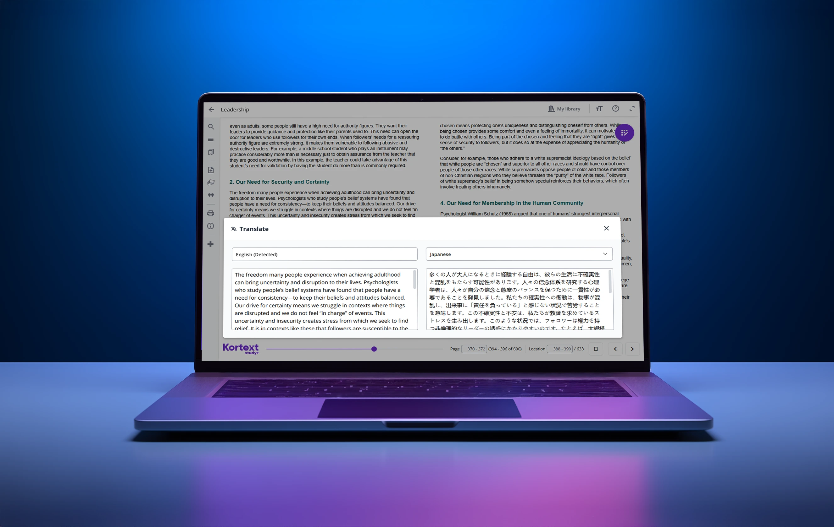 Kortext study+ on laptop screen