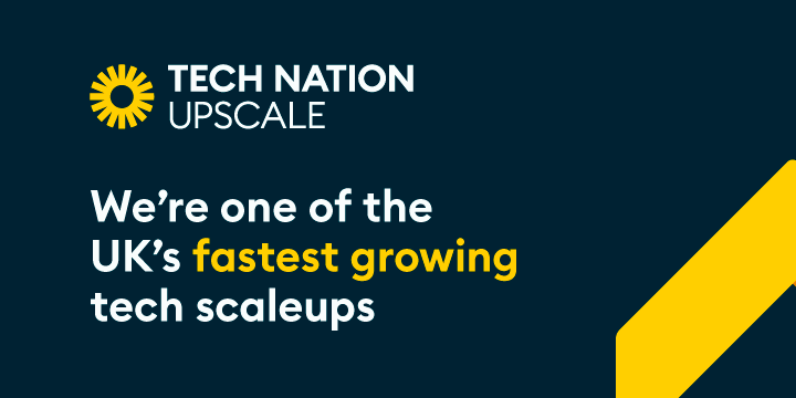 Navy background with text that reads: "We're one of the UK's fastest growing tech scaleups."