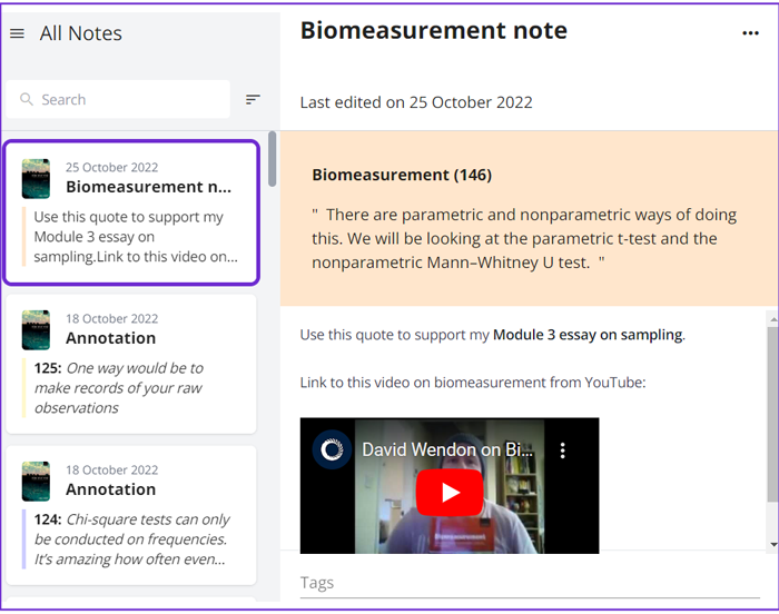 Image shows screenshot of a note in Workbooks feature