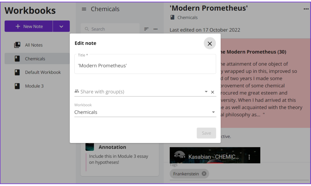 Image shows share to groups screen in Workbooks