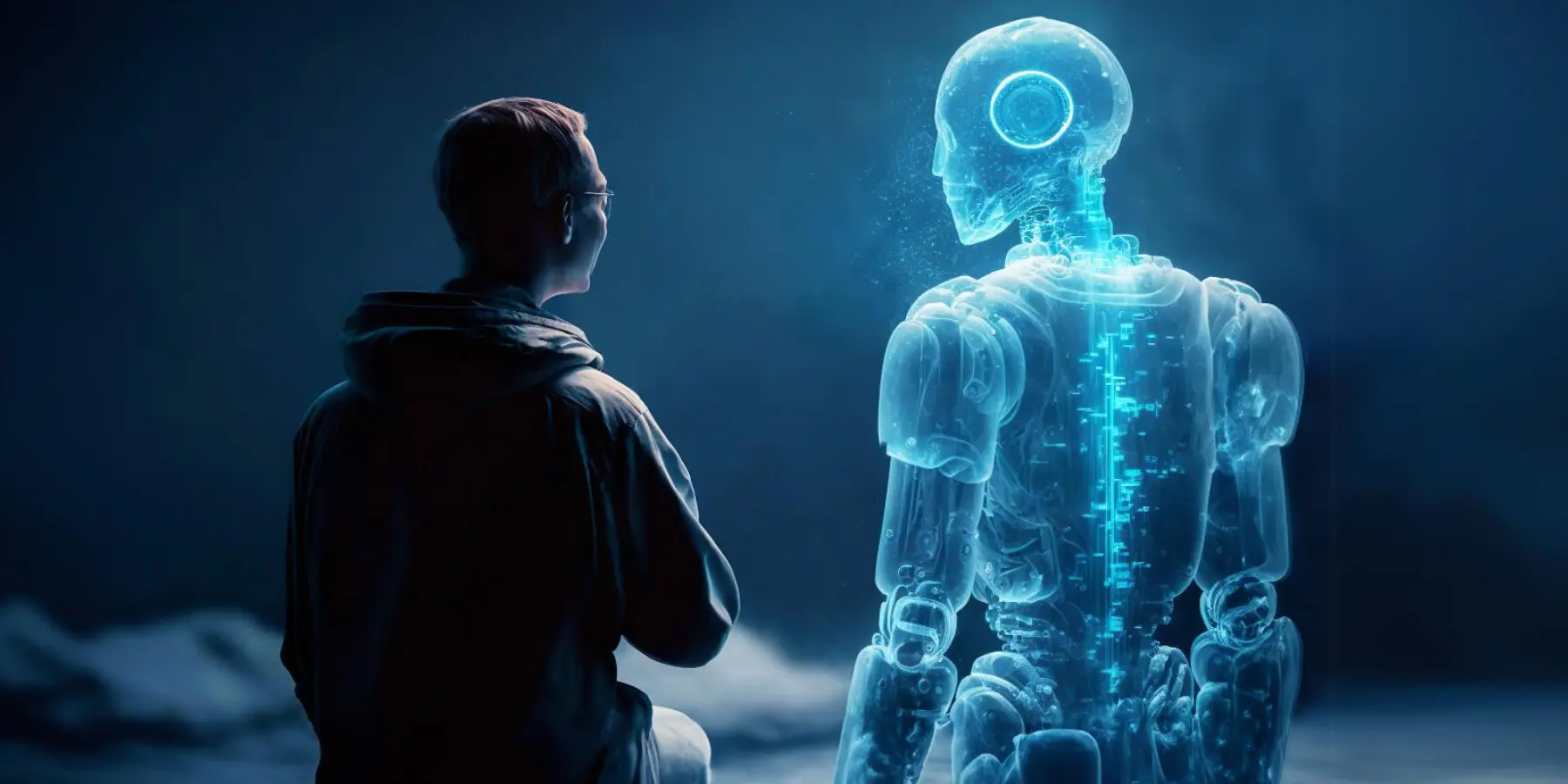 A human and an AI-generated hologram