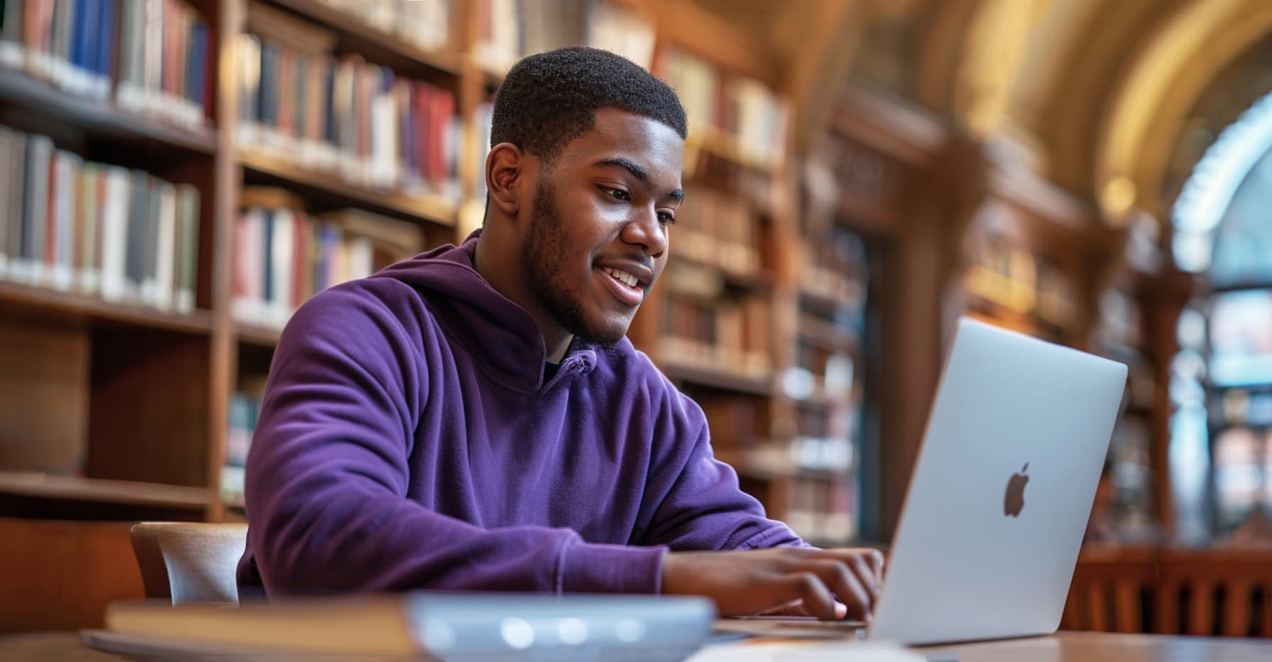 Student using a laptop in a university library