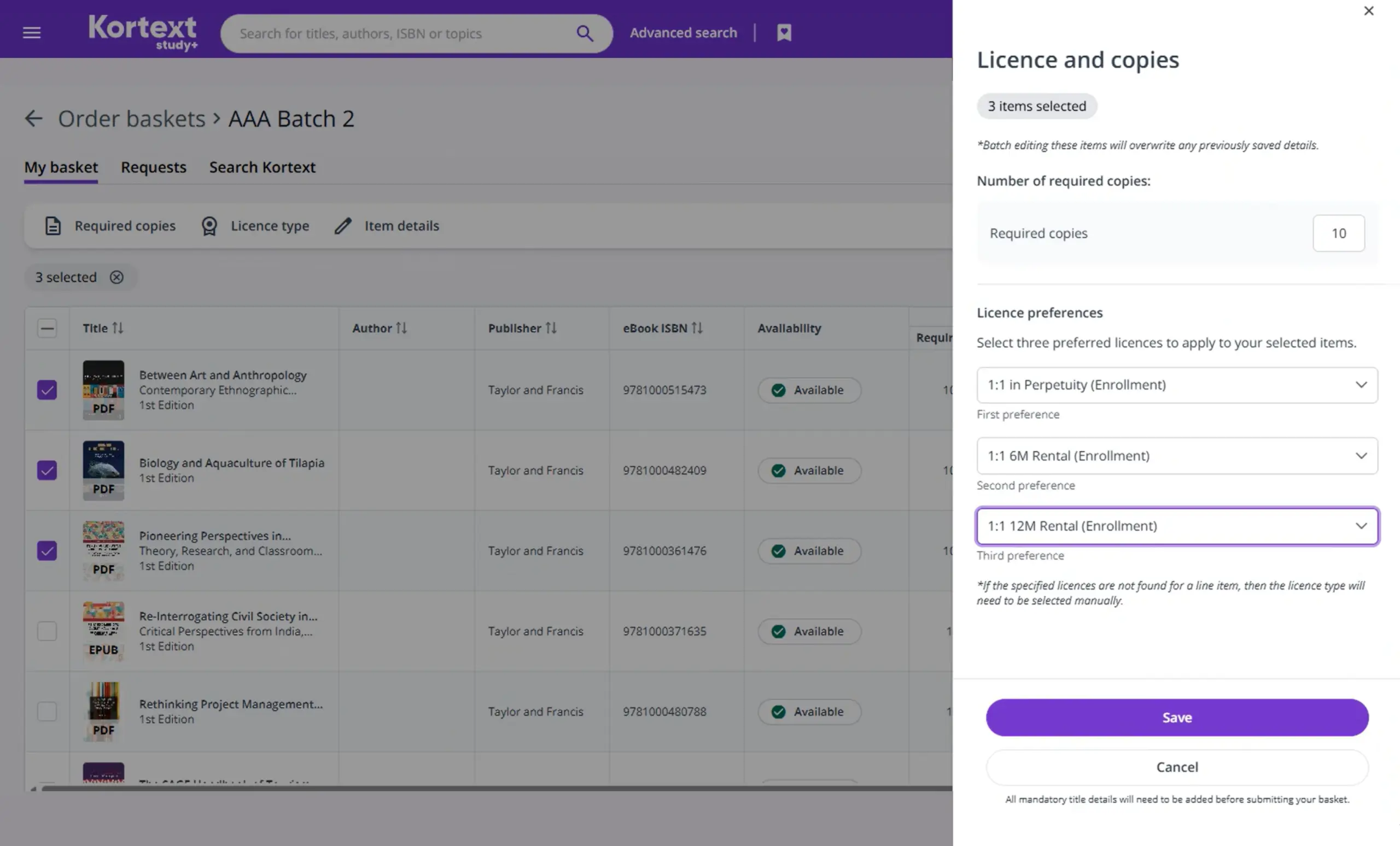 Kortext acquire order basket with three titles selected and the batch edit licence and copies panel open