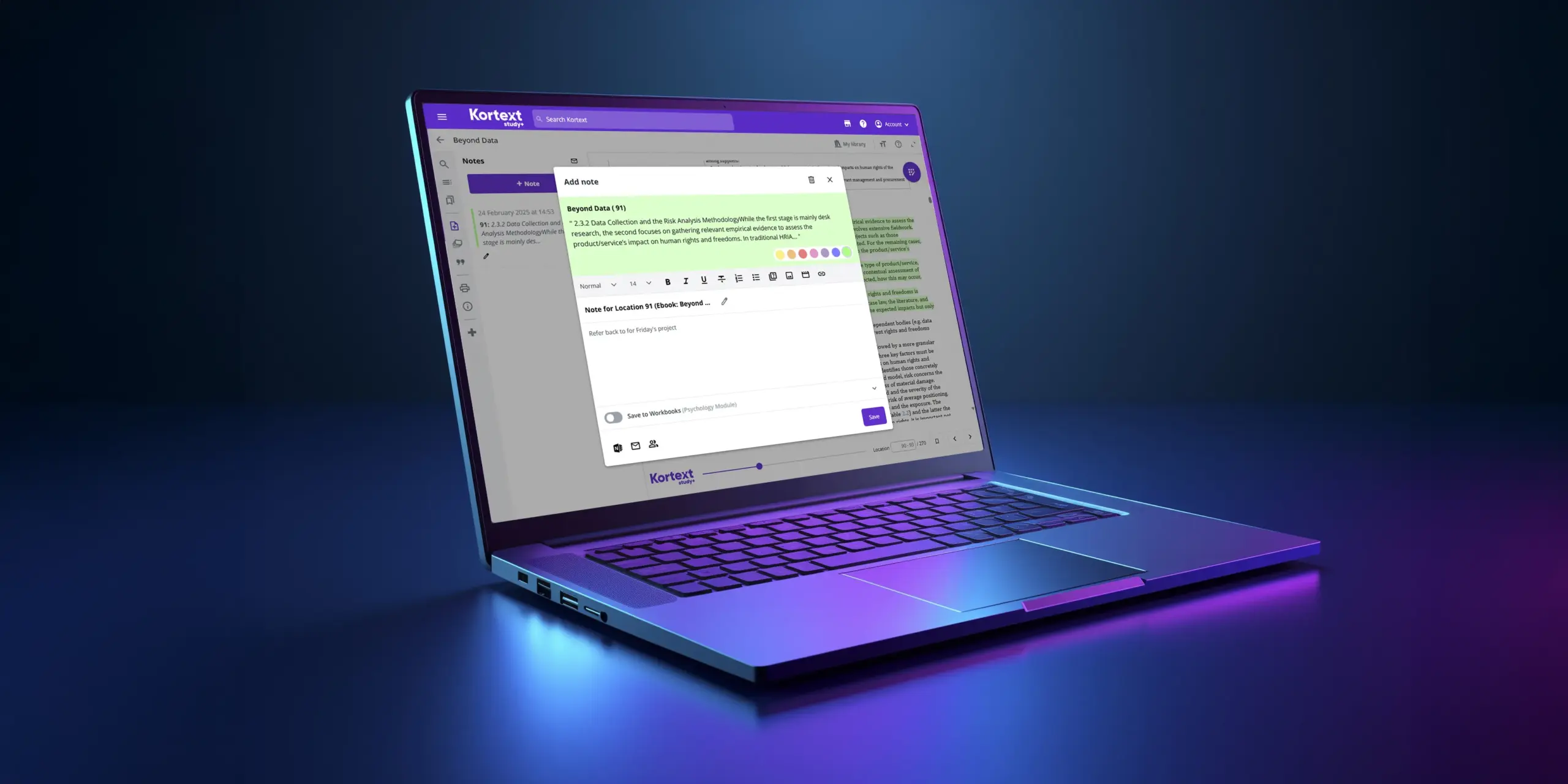 A laptop screen shows Kortext AI-powered study tools in-action.