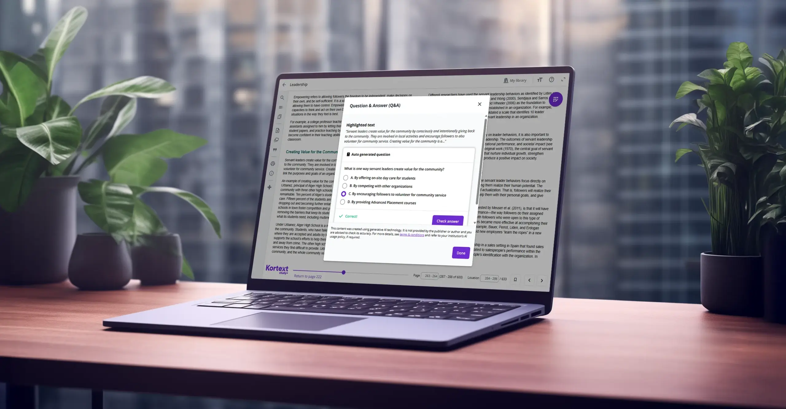 Laptop screen shows Kortext's Q&A feaure in-action.