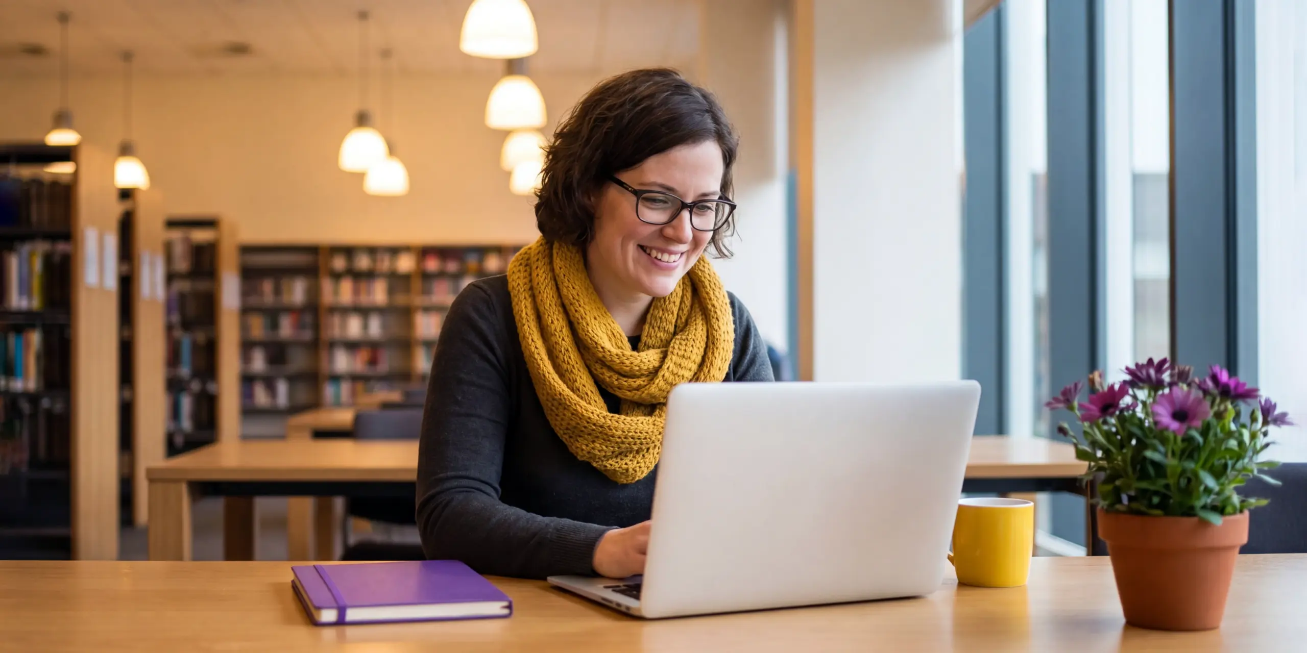 A librarian works on their laptop in a academic library.