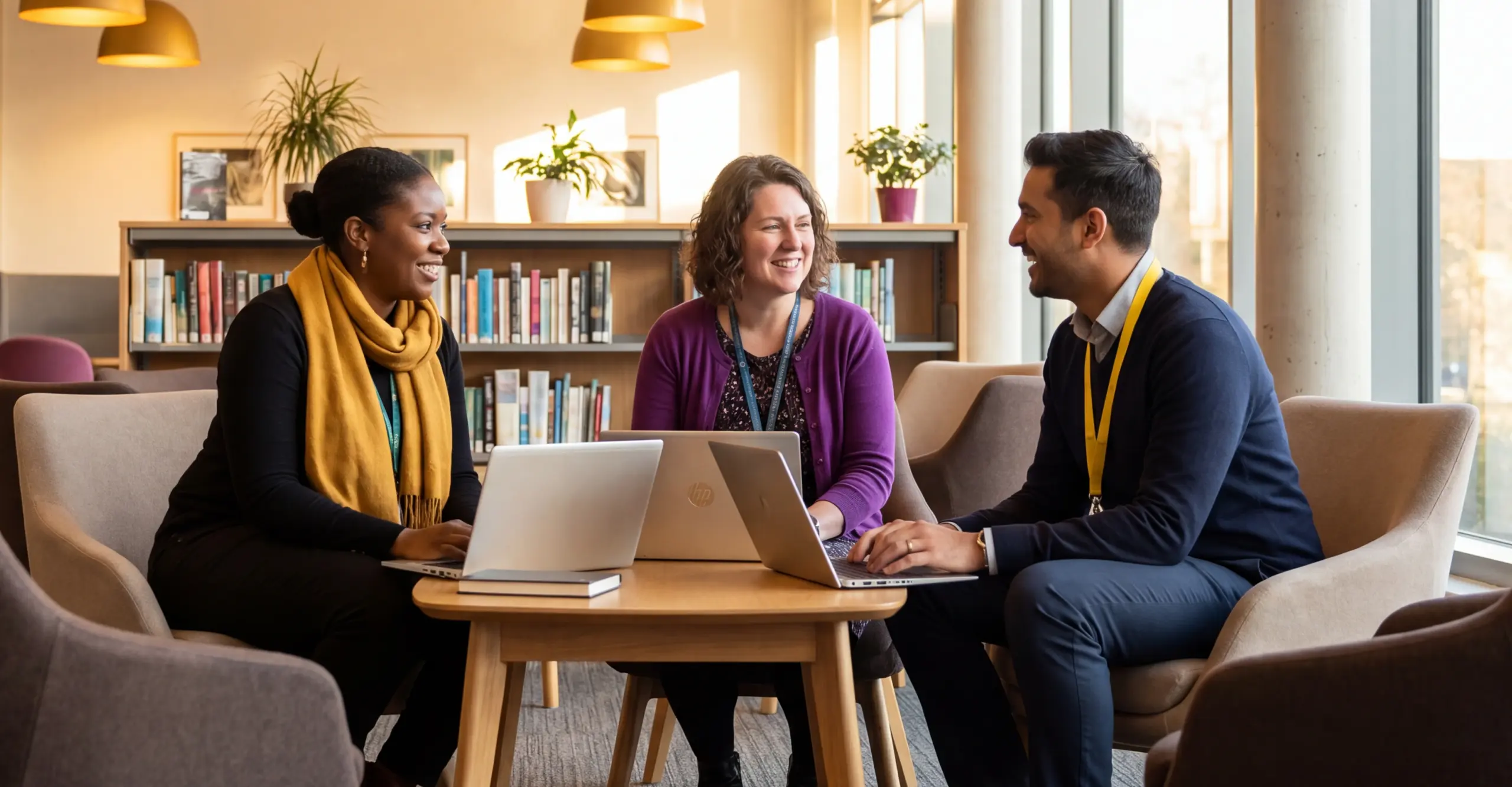 Three librarians collaborate around a laptop in an academic library.