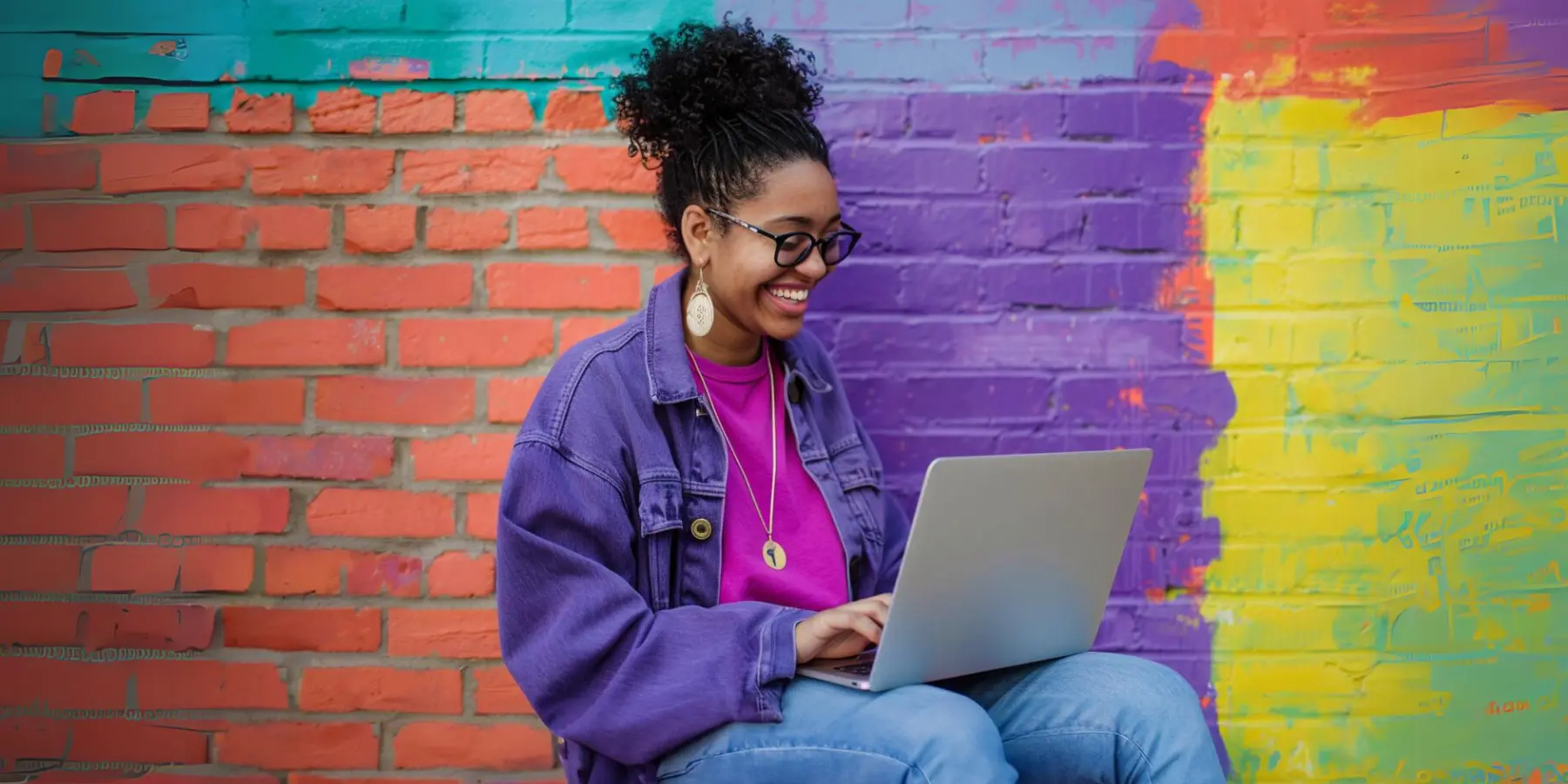 Student on laptop next to coloured wall