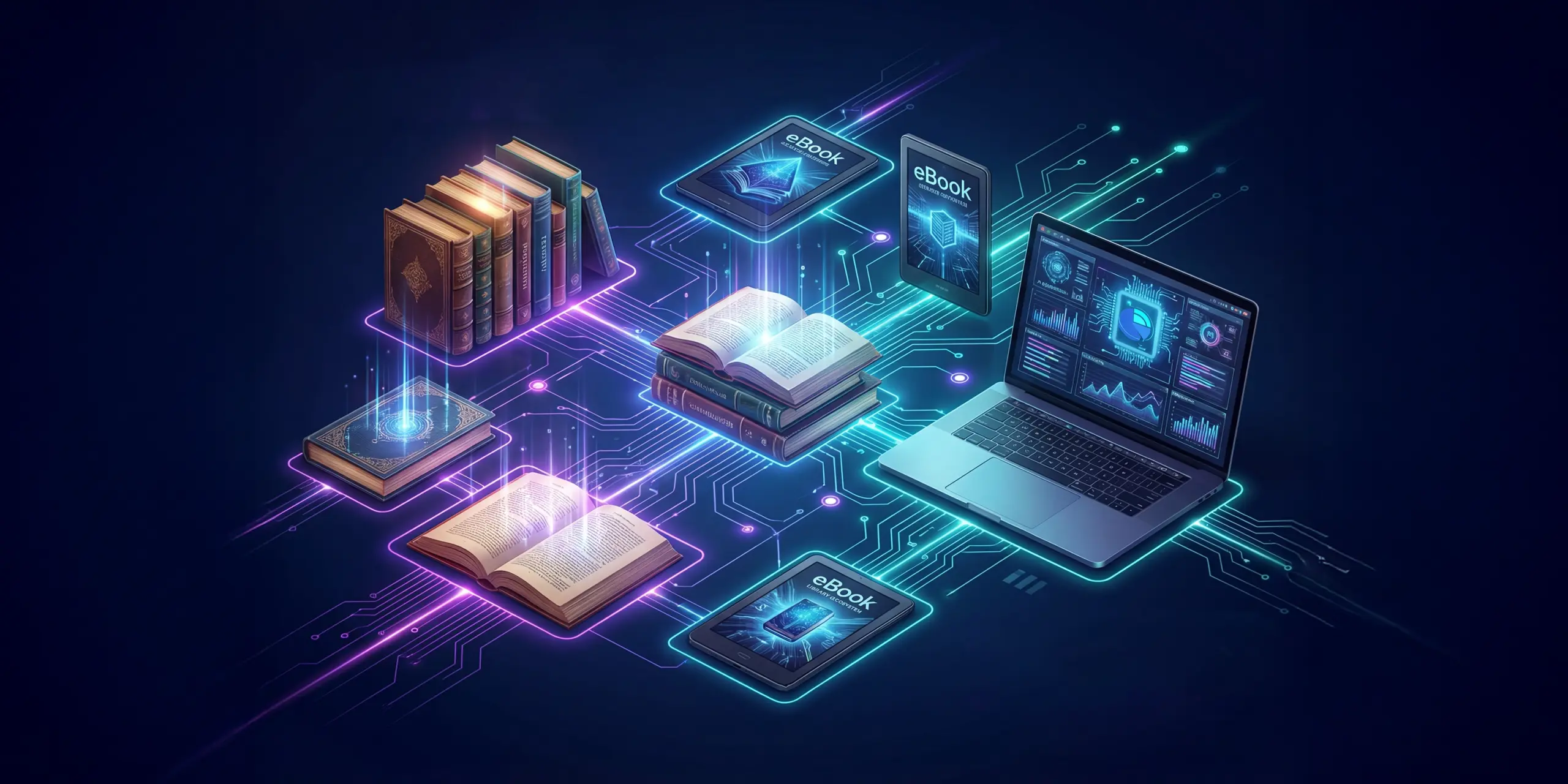 An digital illustration showing physical books connected by glowing circuit board pathways to eBook readers and a laptop displaying data dashboards.