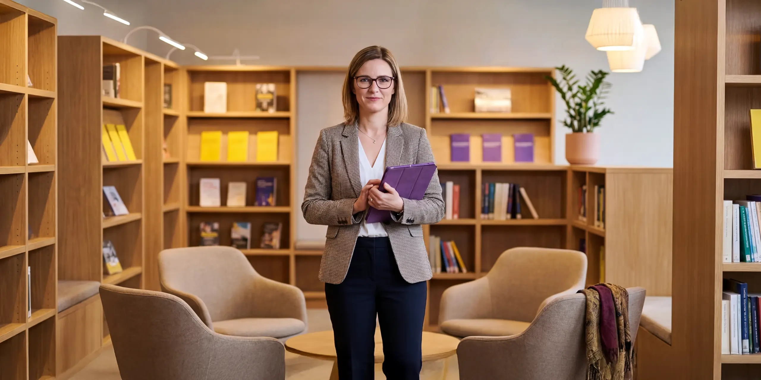 A professional woman in a blazer holding a purple tablet, standing in a library with wooden bookshelves behind her.