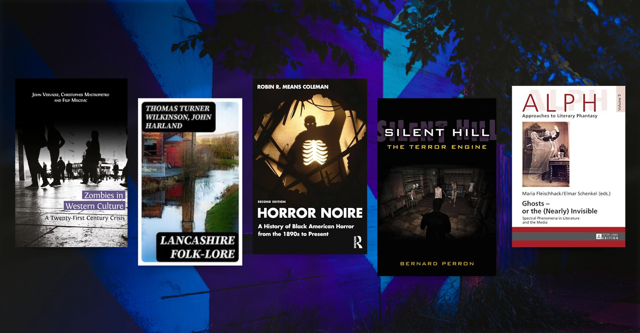 Five book covers from the Halloween reading list, including titles on folklore, ghosts, zombies, horror cinema, and Silent Hill