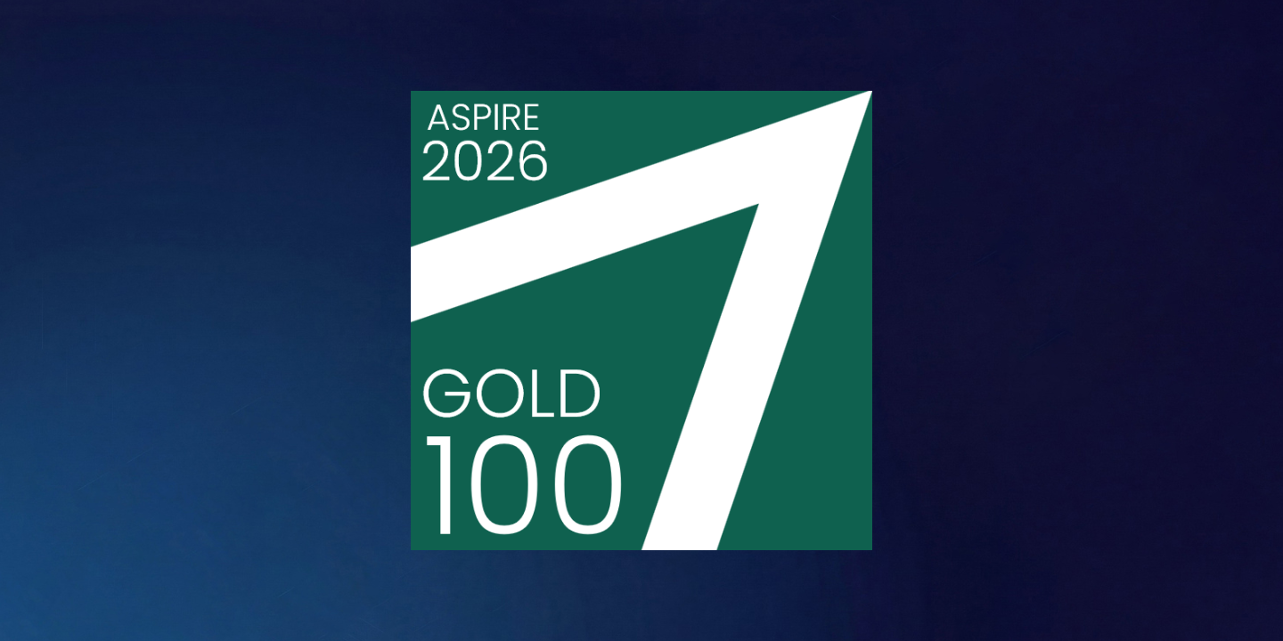 Image shows Kortext's ASPIRE 2026 Gold 100 badge with a large white angled graphic on a green background.