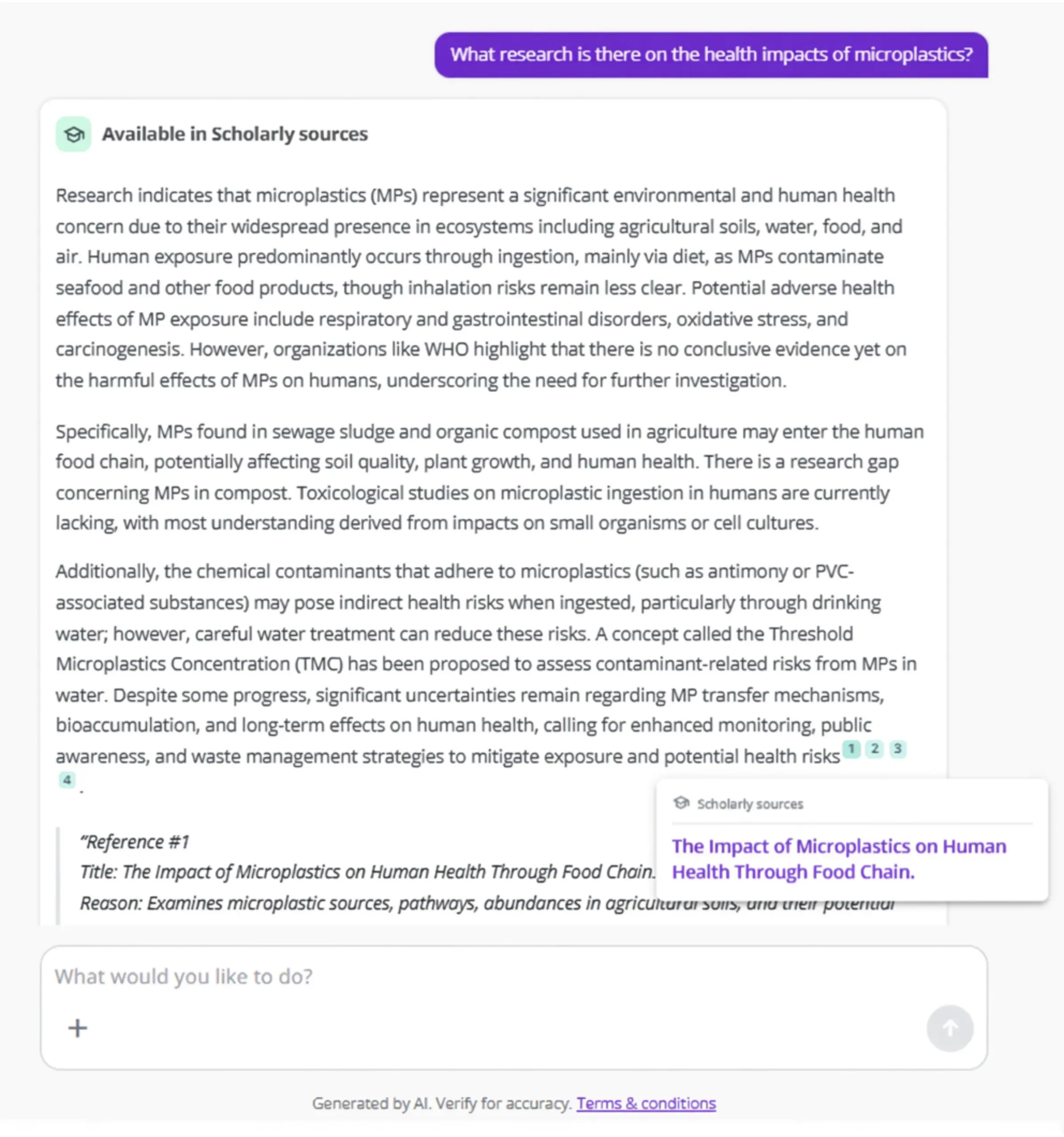 Image shows a chat conversation where Kortext IQ has provided a reference to an open access journal article on the impact of microplastics on humans through the food chain.
