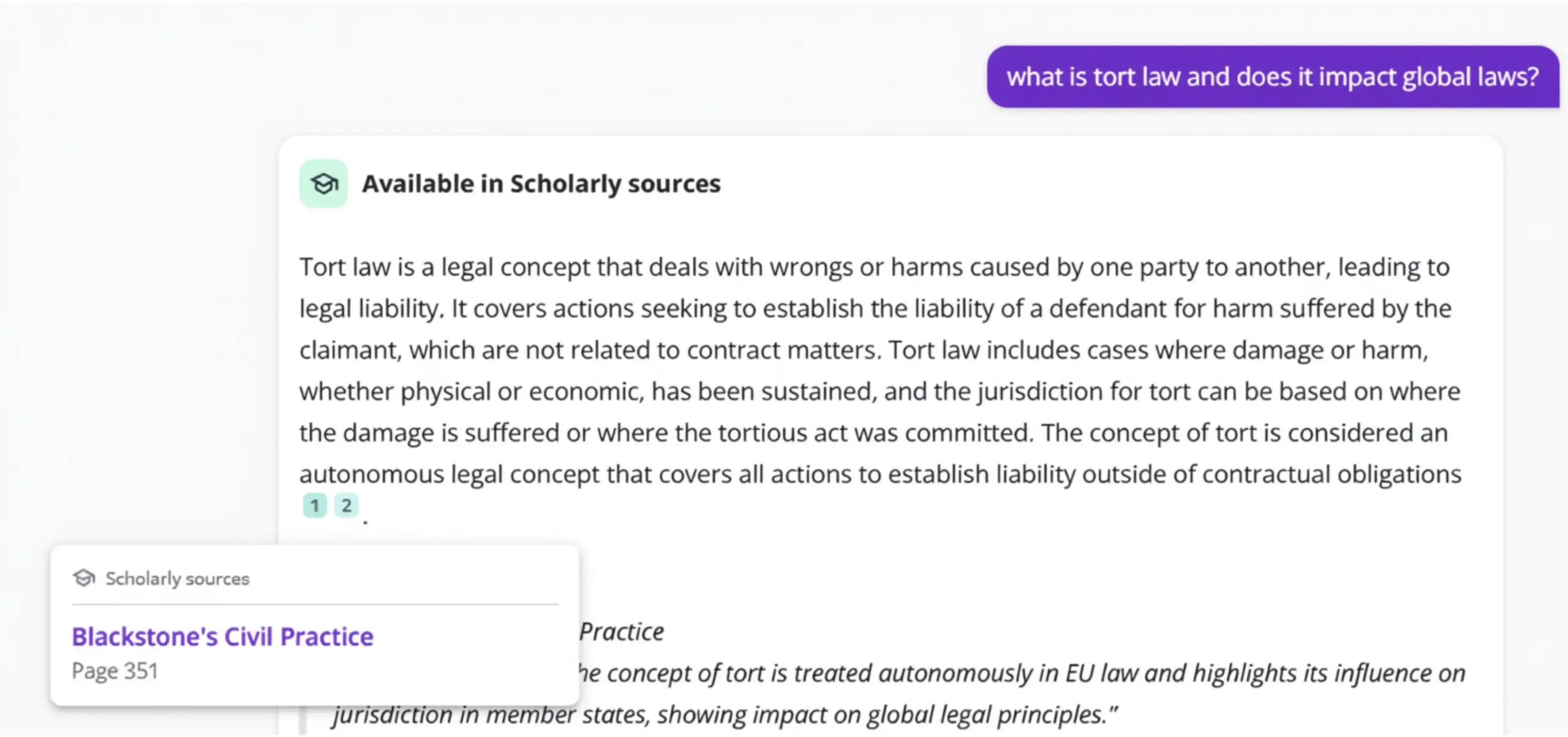 Image shows a Kortext IQ chat conversation referencing a scholarly law book from Collections.