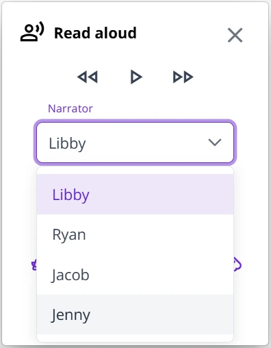 Image shows The Kortext study read aloud feature with four narrator voices: Libby, Ryan, Jacob and Jenny.