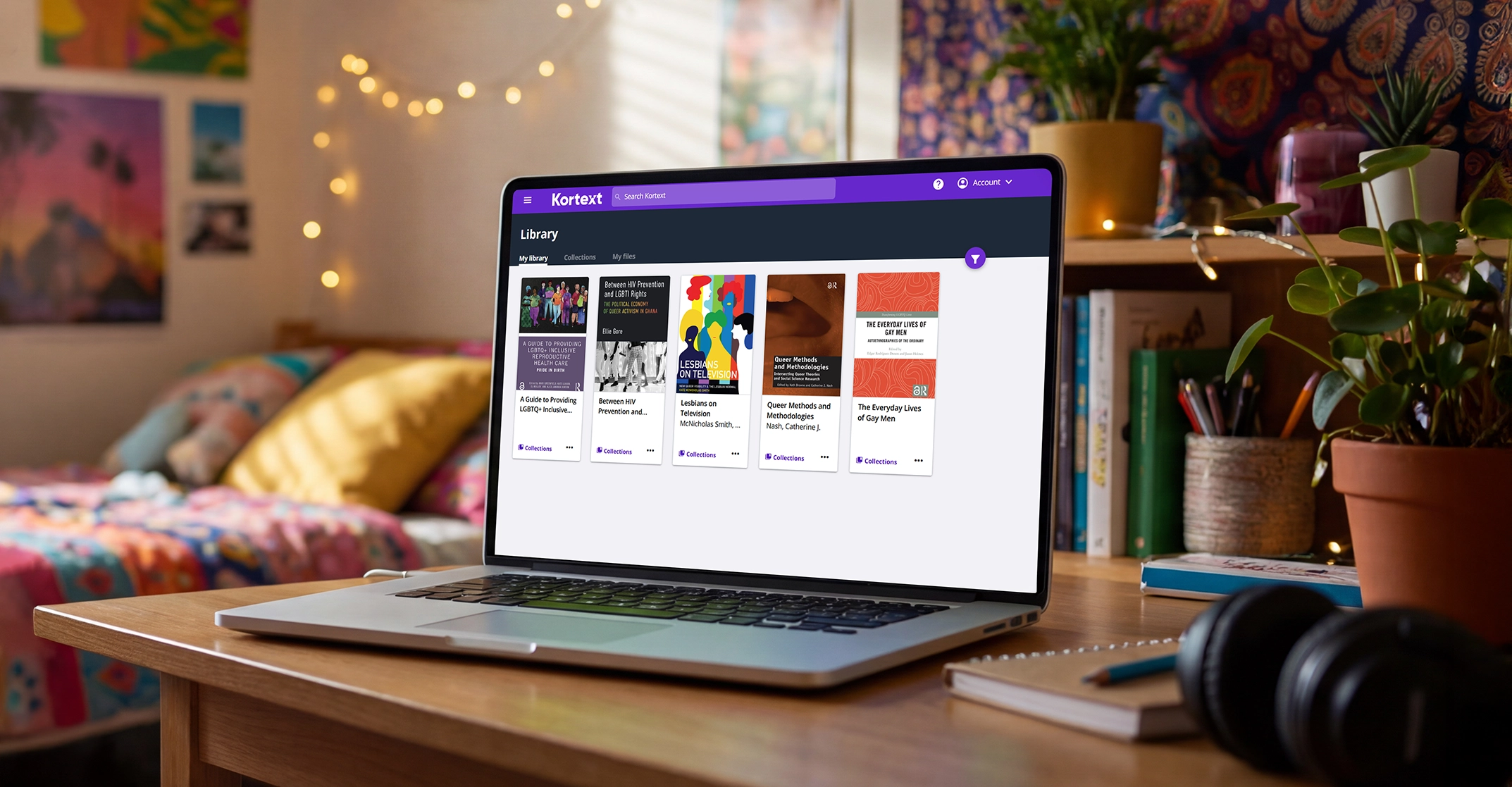 Image shows a laptop screen displaying five free-to-access eBooks from our LGBT+ History Month open access collection.