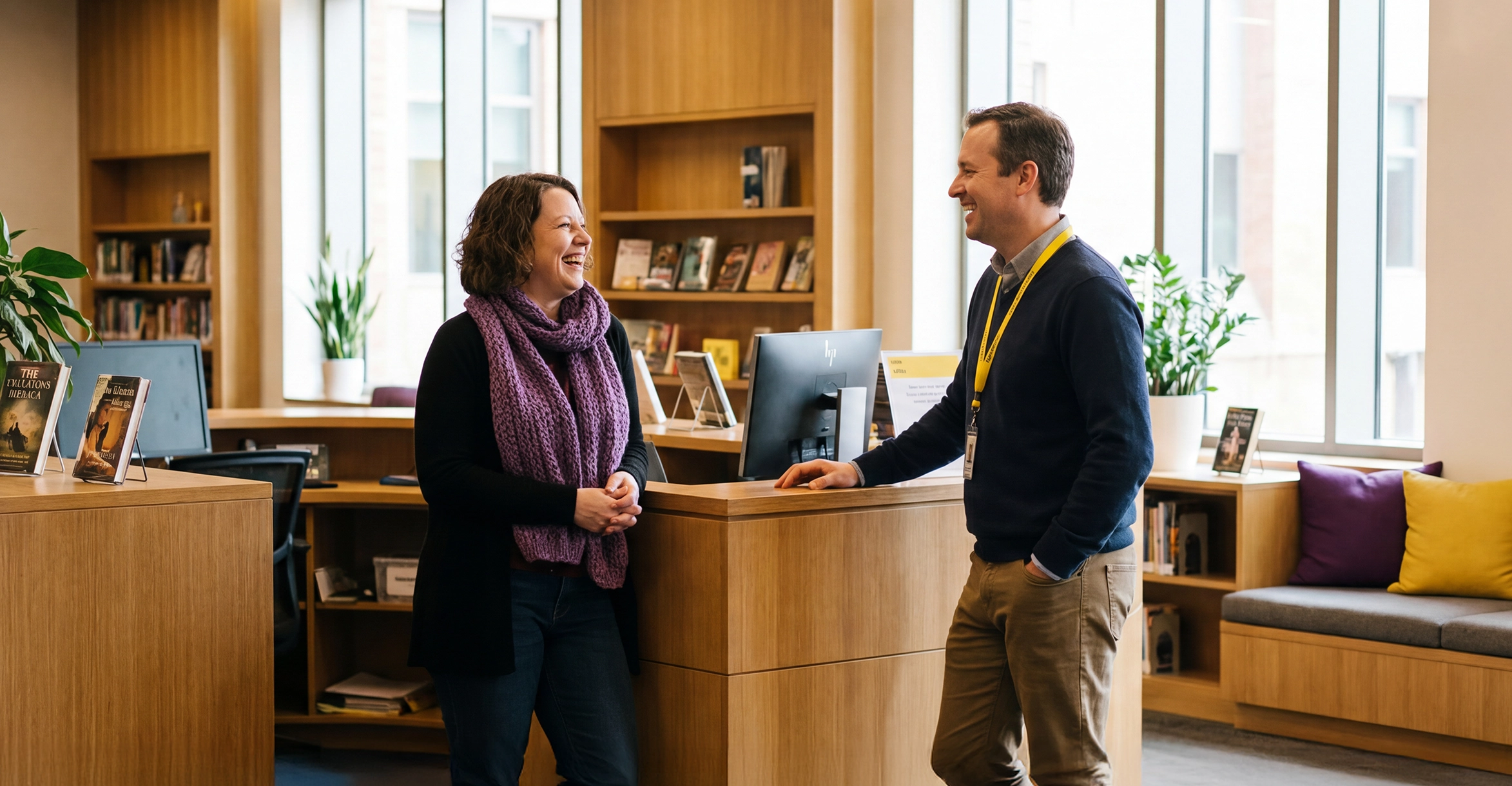 Two library professionals standing and having a conversation at a library service desk.
