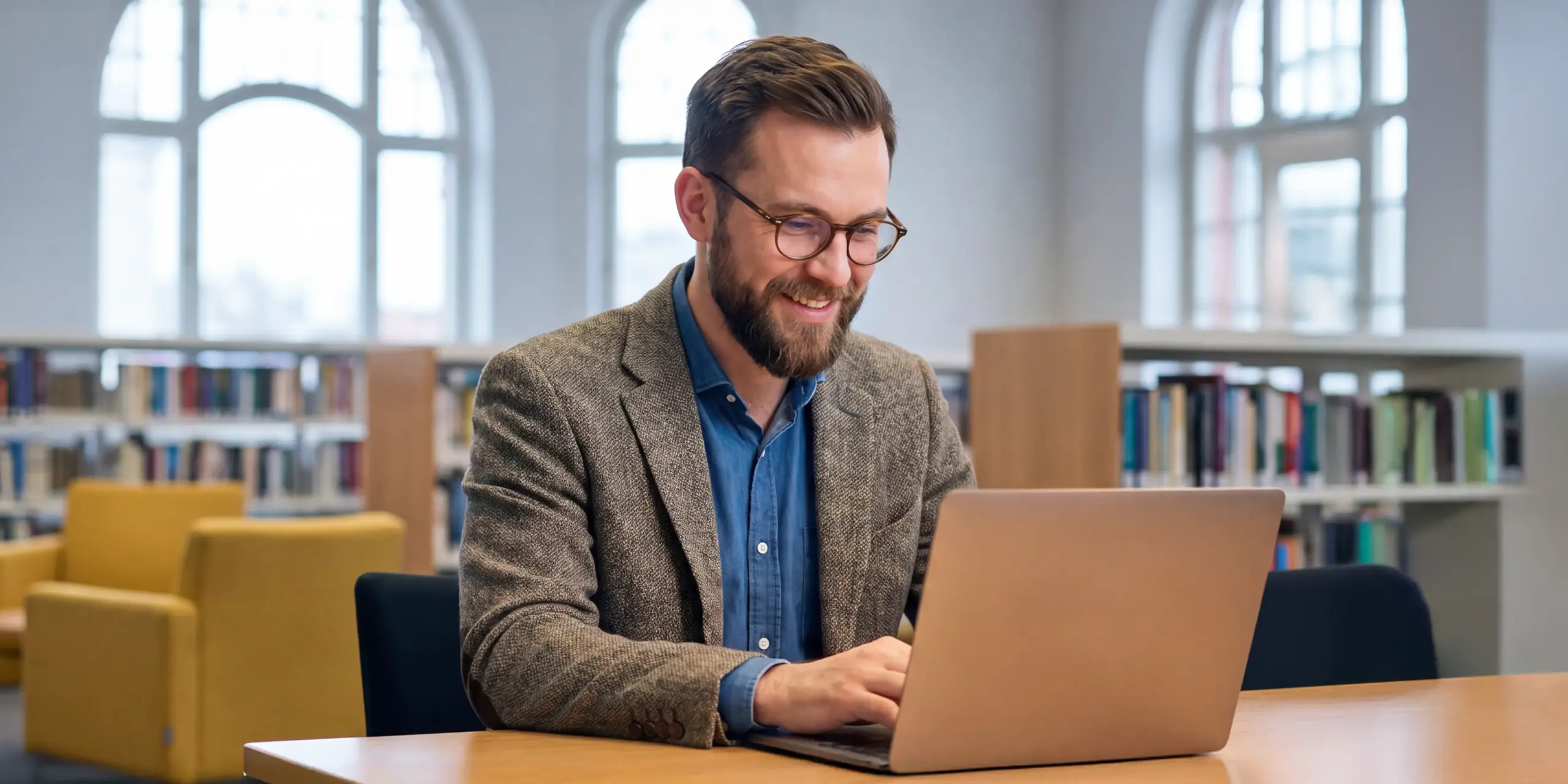 A librarian sitting at a desk in an academic library, working on a laptop.