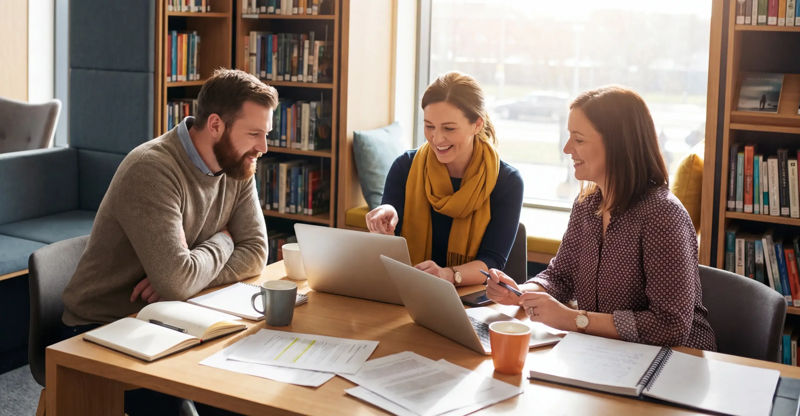 Three librarians sitting around a table in an academic library, engaged in discussion over a laptop and documents.