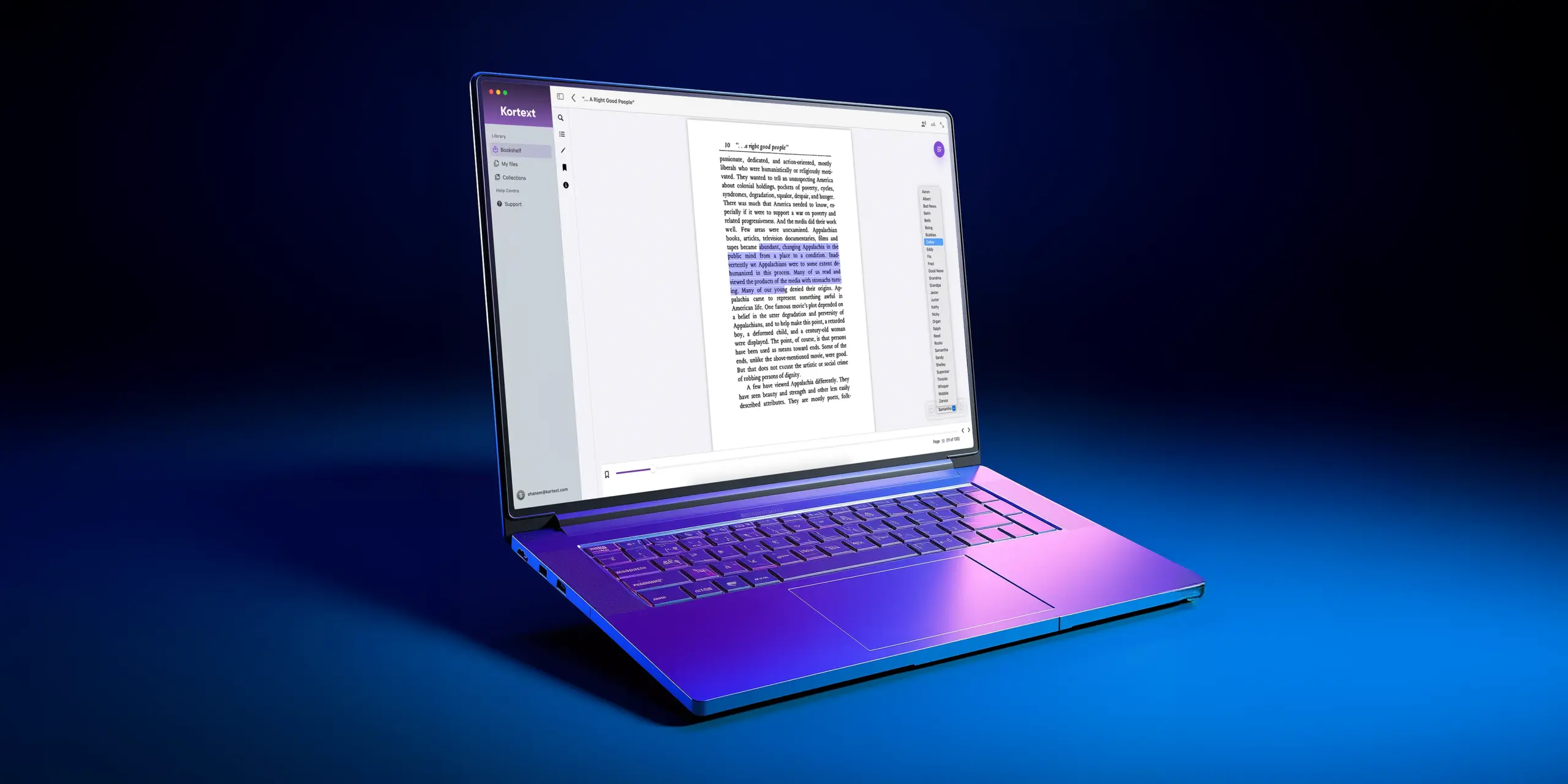 This laptop shows the updated Kortext Mac app with the new read aloud feature.