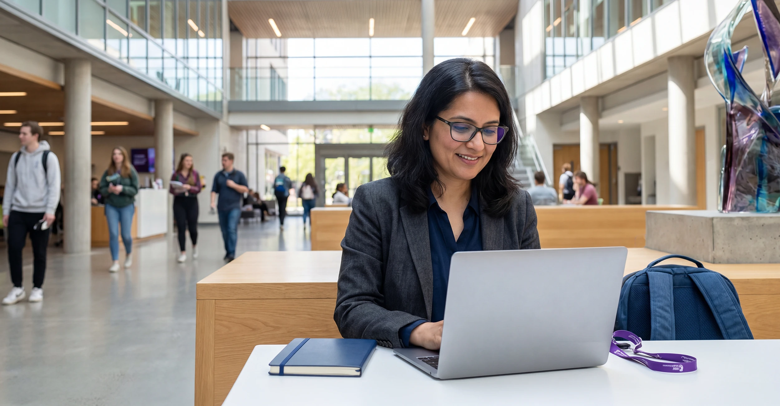 A woman works on a laptop at a table in a busy university atrium, with students walking through the background.