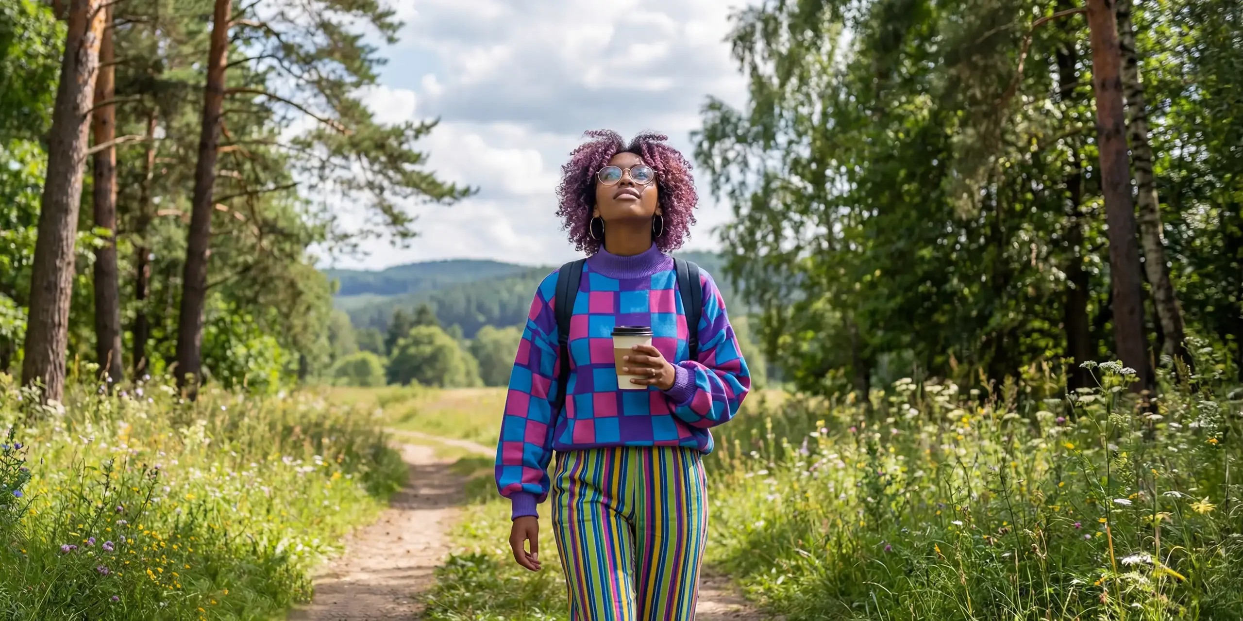 A student walks along a nature trail through a forest, holding a coffee cup and looking upward, wearing a colourful patterned outfit.