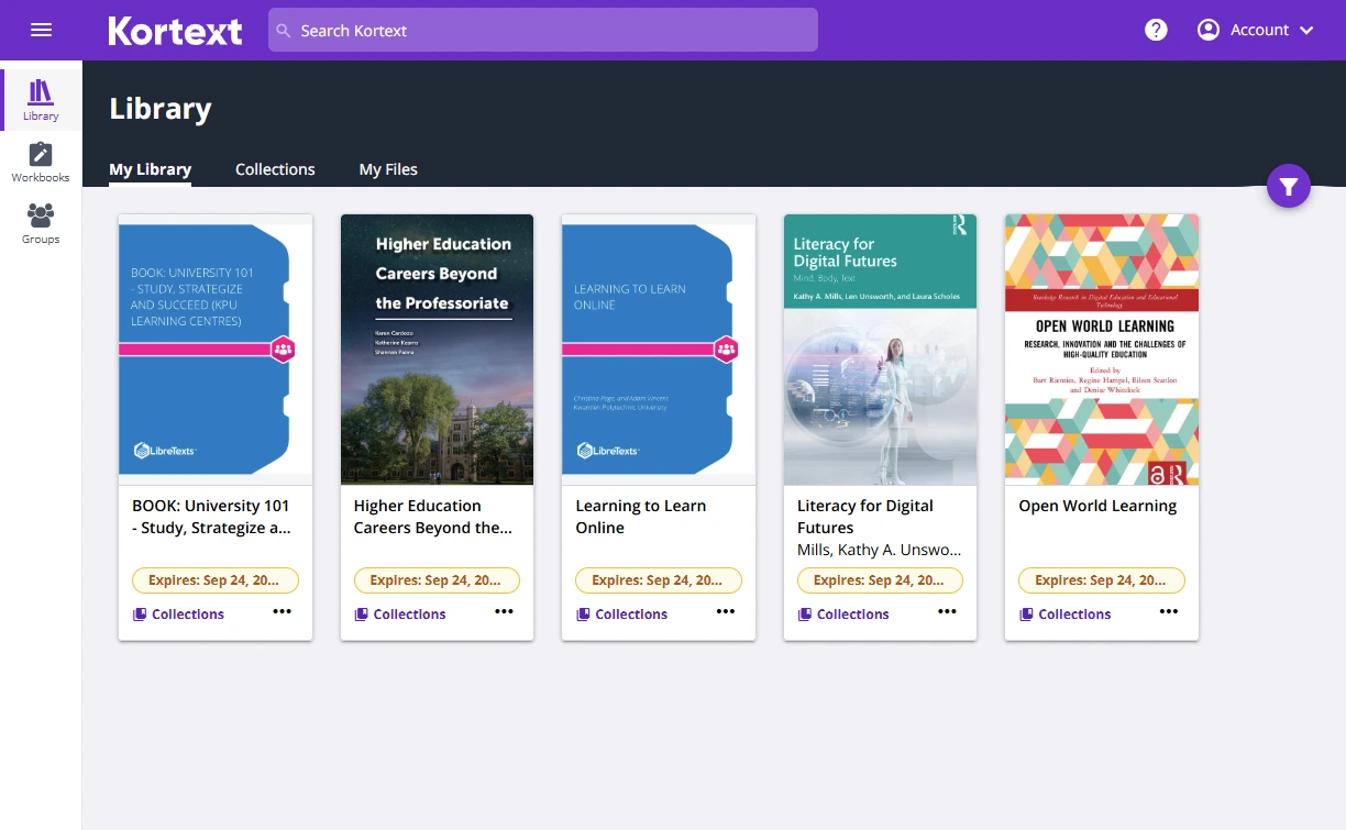 Kortext library showing 5 book covers from the new academic year OER collection