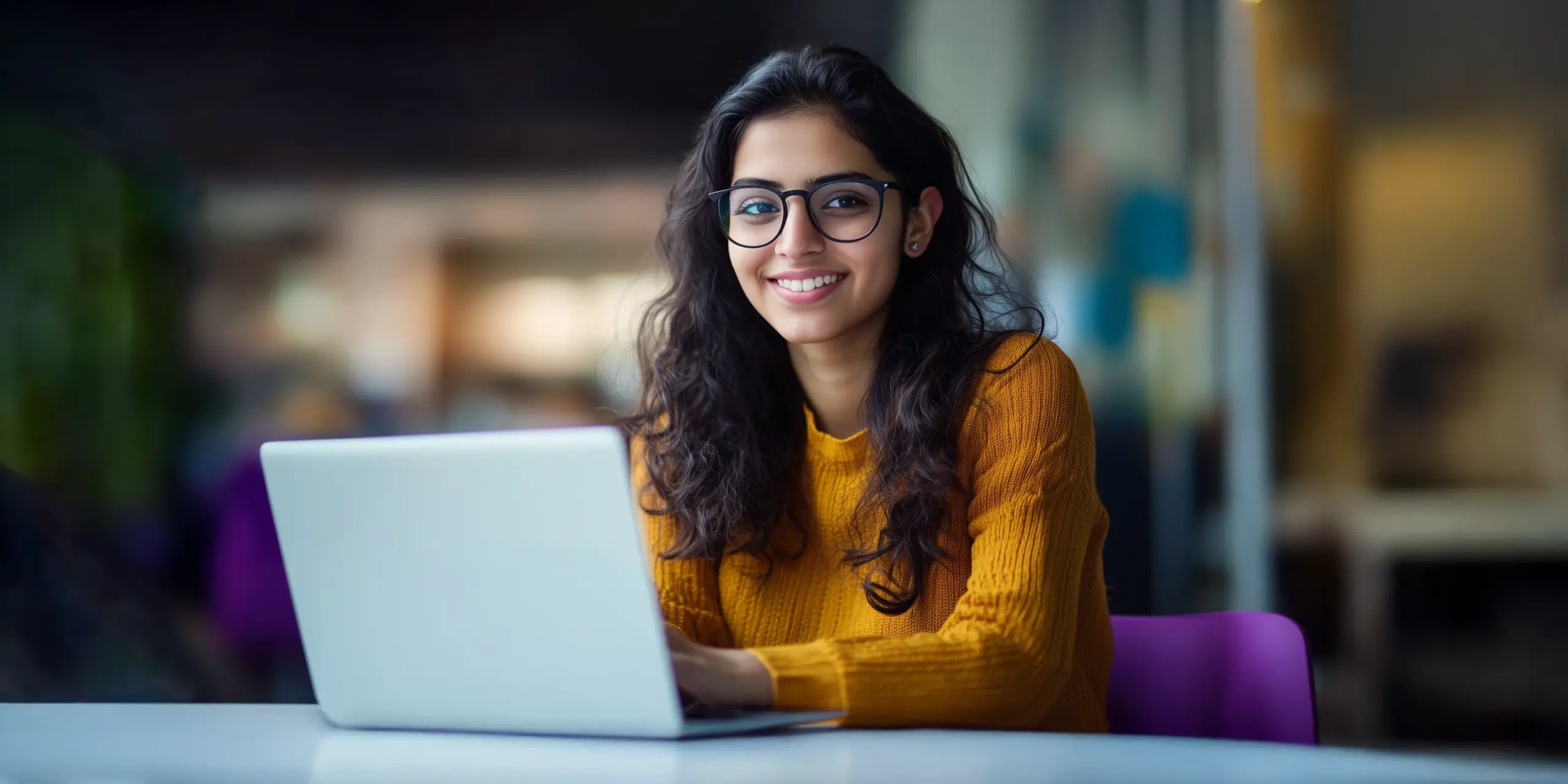 Student sitting at a table using a laptop