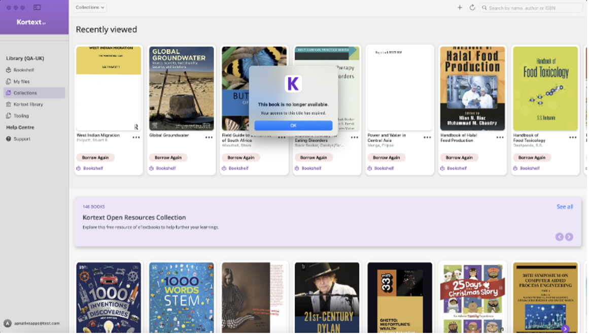 Image showing an error message when trying to access a Kortext eBook that is no longer available.