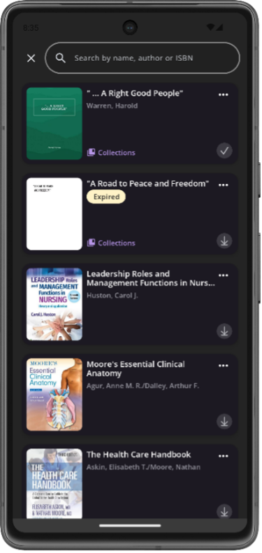 This image shows the new dark mode design for the Kortext app on Android devices.