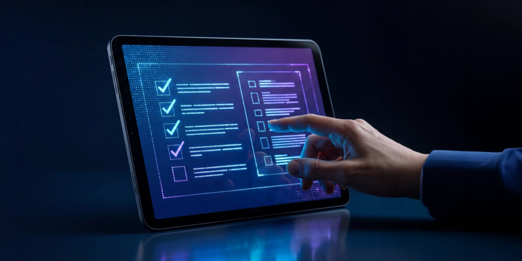 Tablet displaying a digital questionnaire with ticked checkboxes while a user selects options on screen.