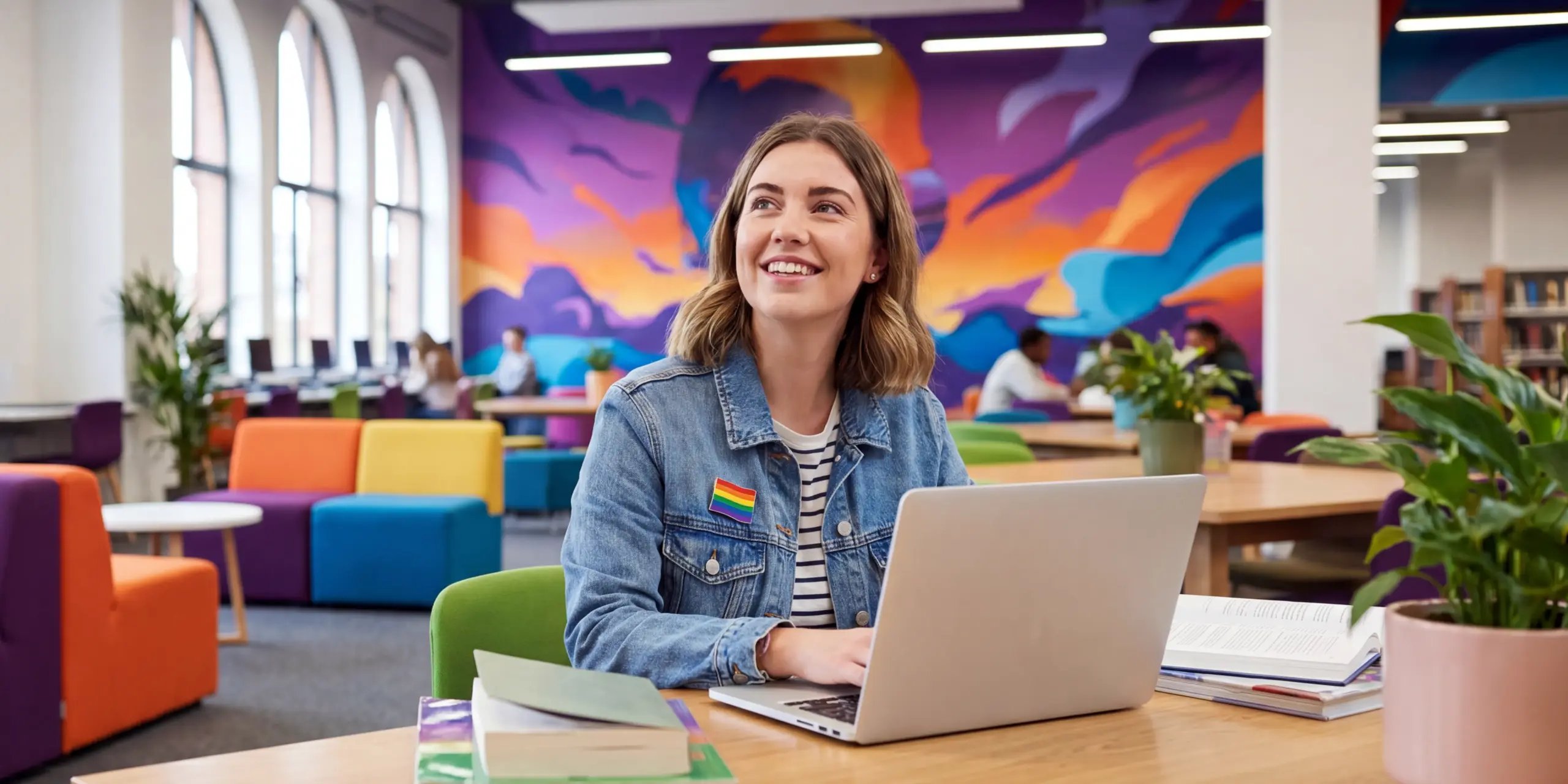 A student in a denim jacket with a rainbow Pride pin badge working on a laptop in a university library.