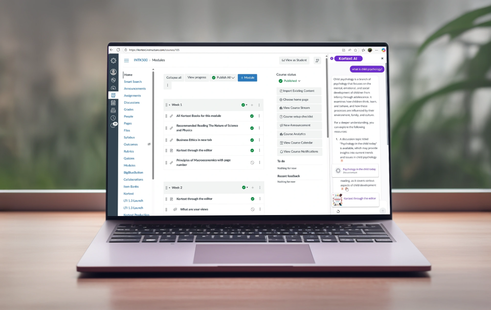 aptop image showing kortext AI integrated into canvas virtual learning environment