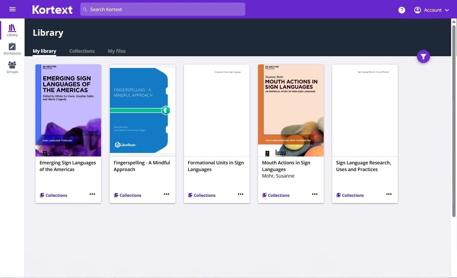 The Kortext library interface showing the five sign language OER books