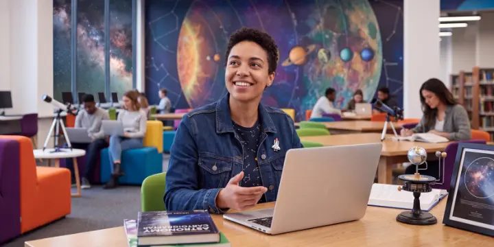A student using a laptop in a modern library learning space with astronomy books, a telescope and a large solar system mural in the background.