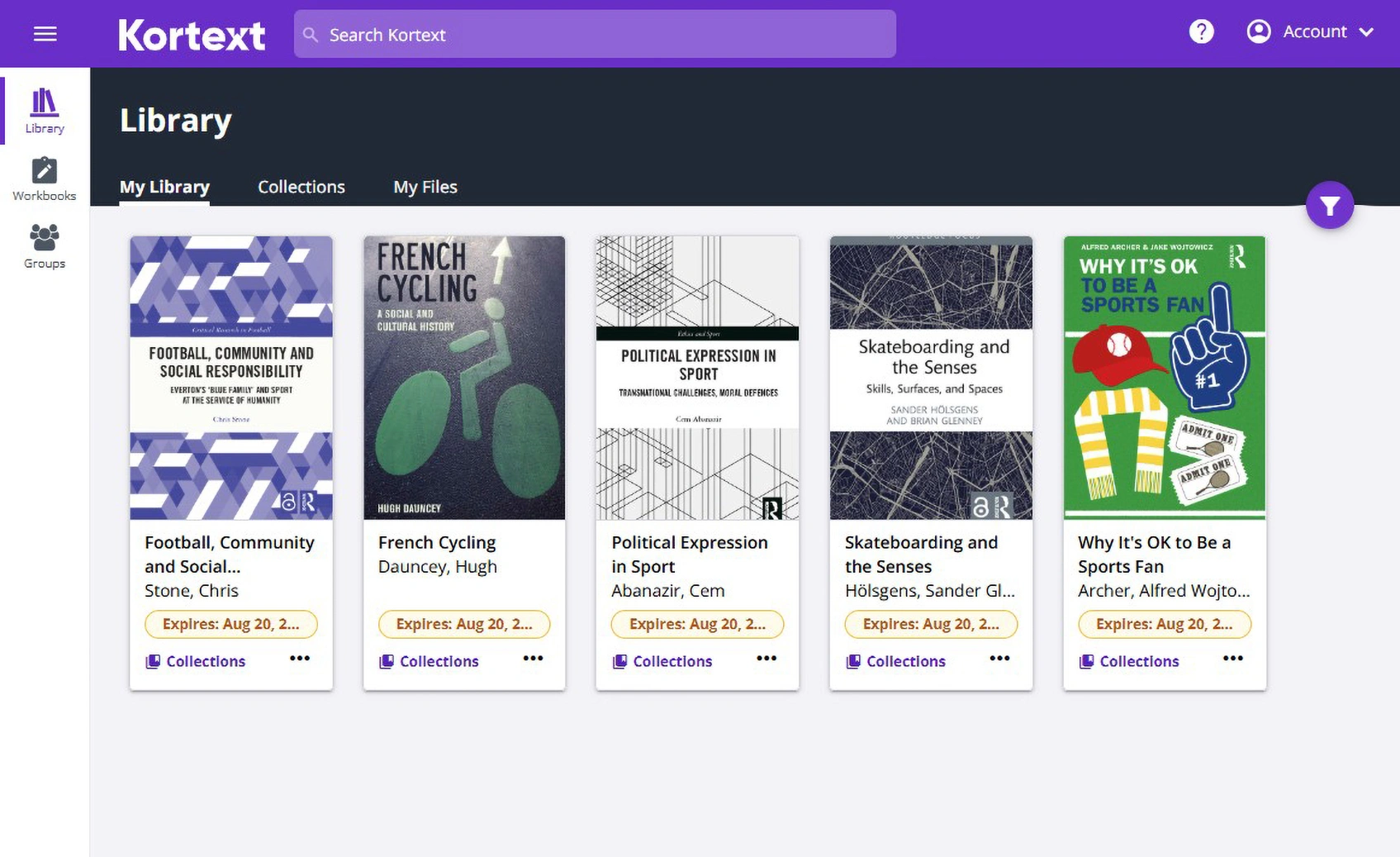 A screenshot of the Kortext library showing five sport-themed book covers.