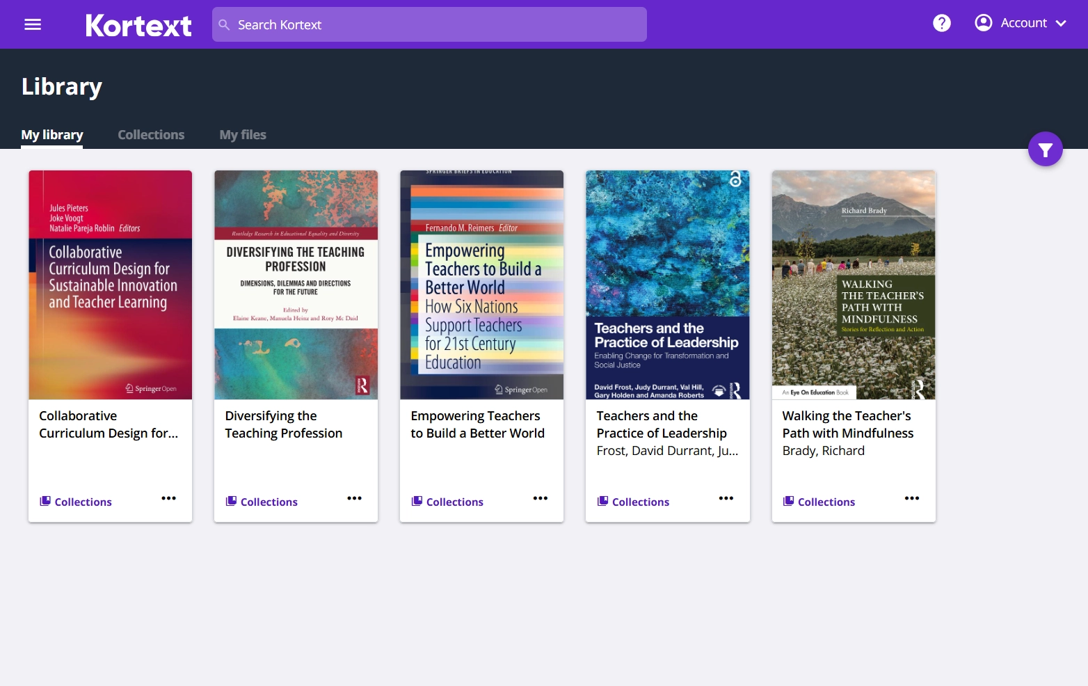 Screenshot of the Kortext library featuring five open access eBooks on teaching, including titles on collaboration, diversity, leadership and mindfulness.