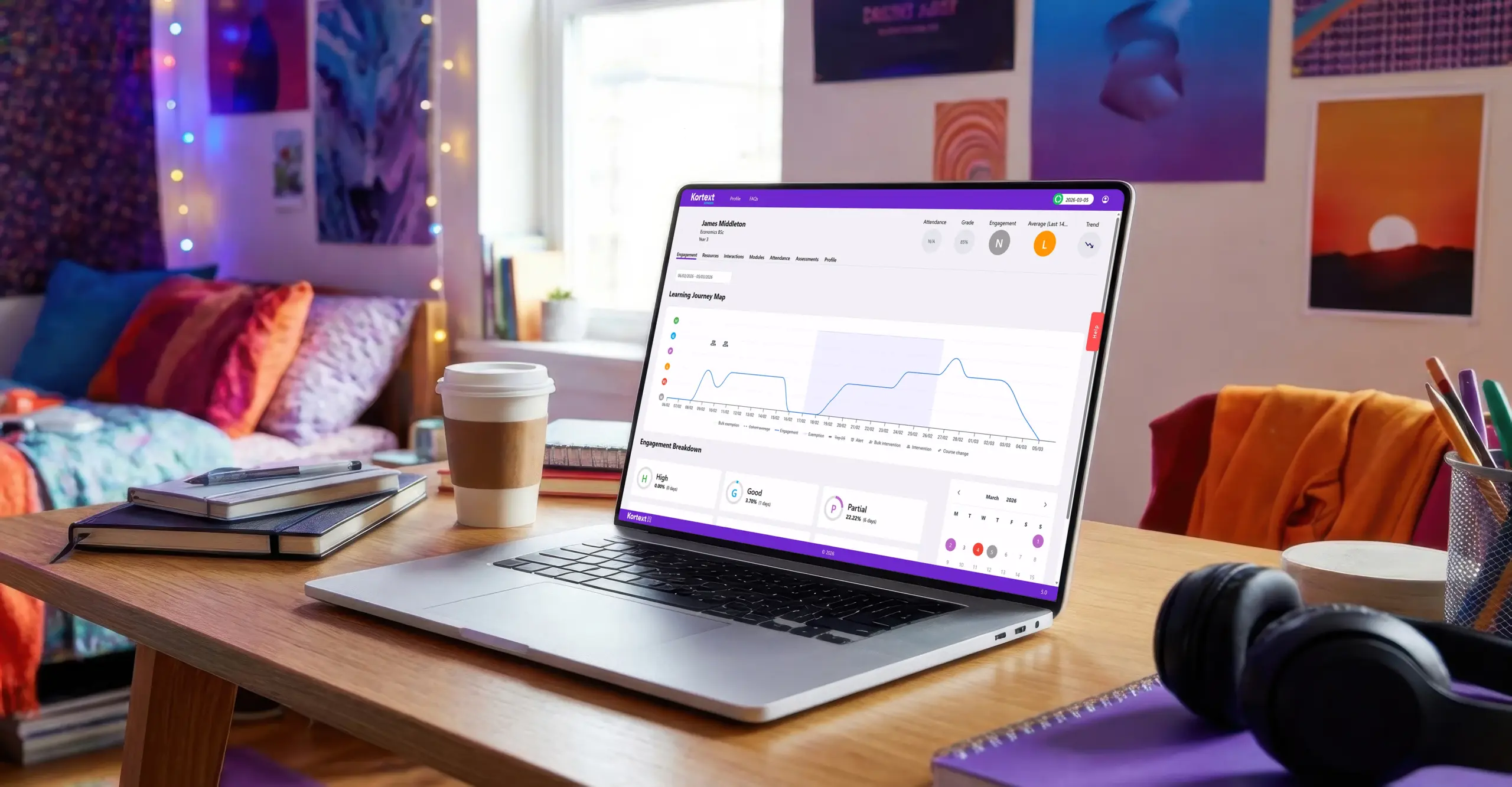 Kortext stream is loaded, showing a student's learning journey map