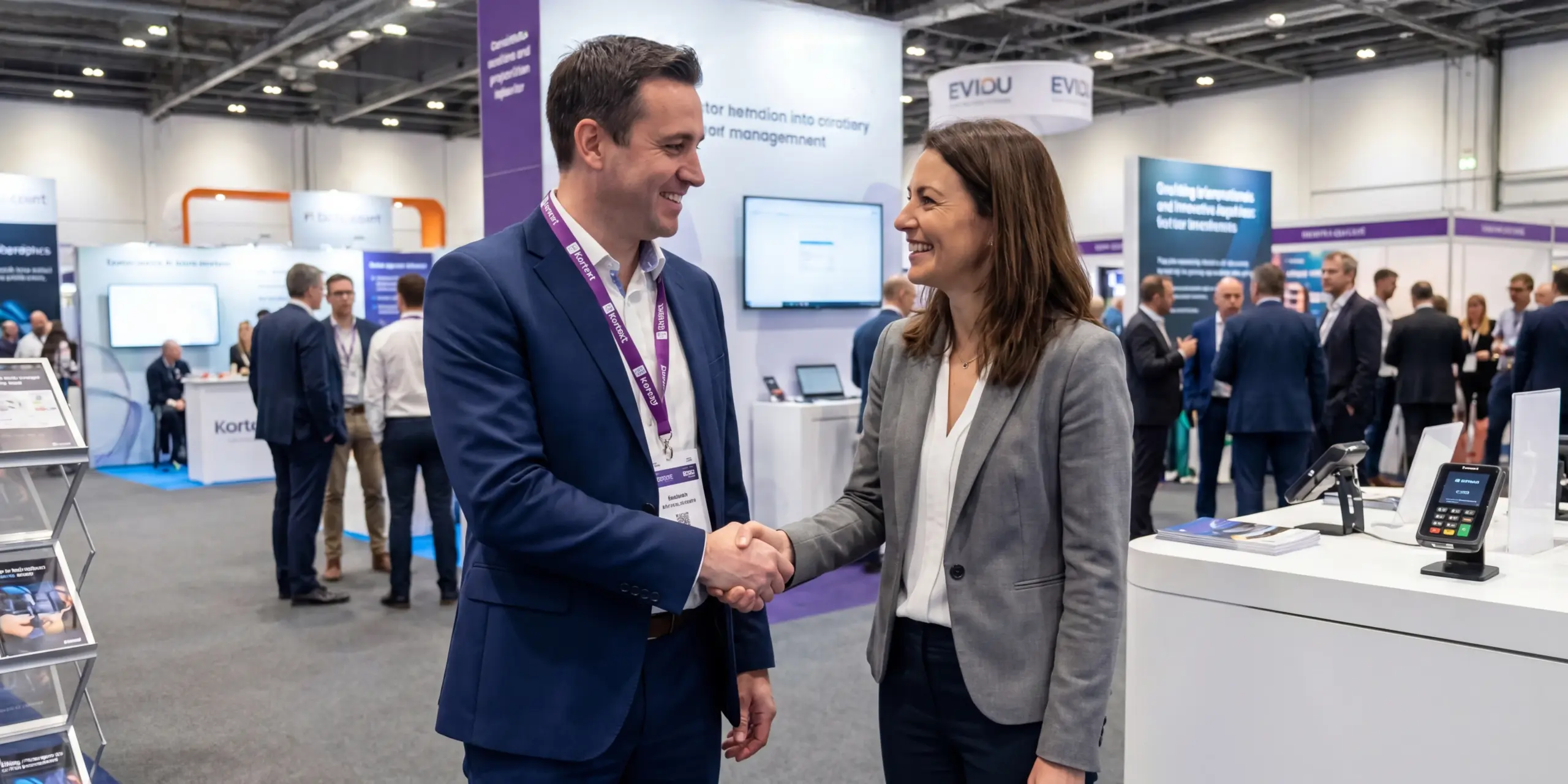 Two university leaders meet and shake hands at a conference