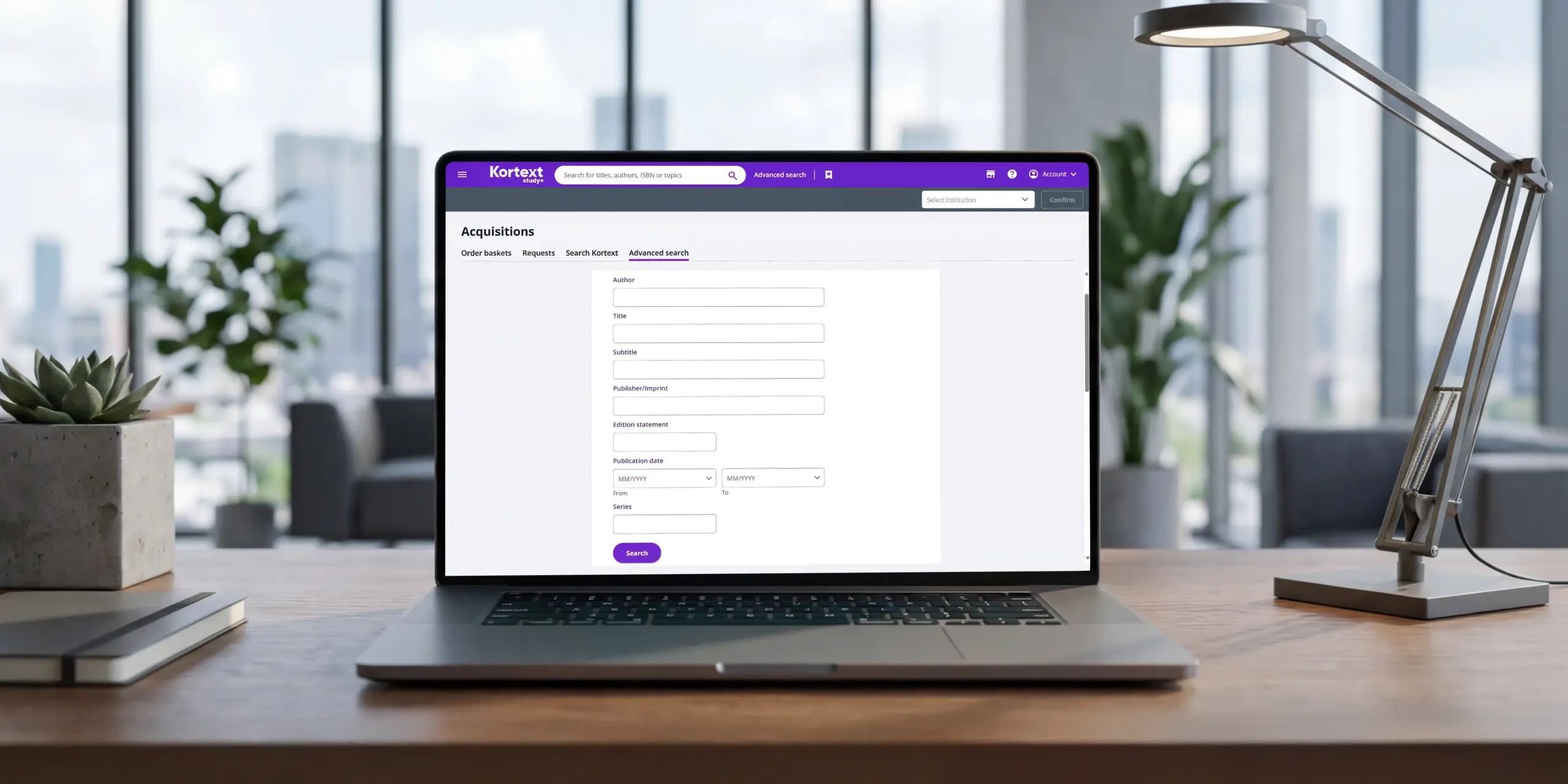 advanced search The advanced search window on Kortext acquire is open on a laptop.
