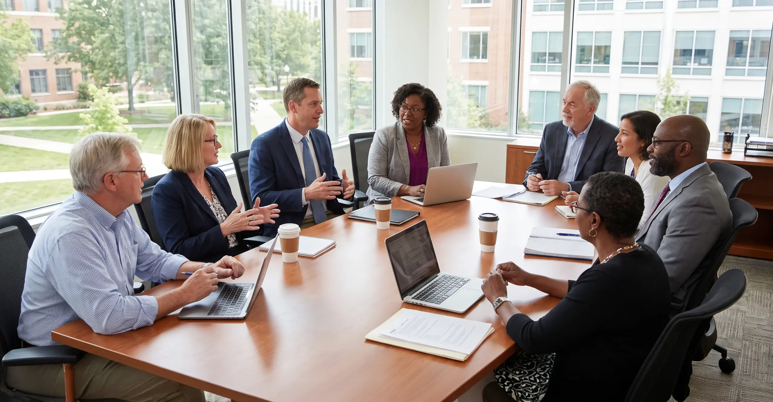 Higher education professionals in a roundtable discussion.
