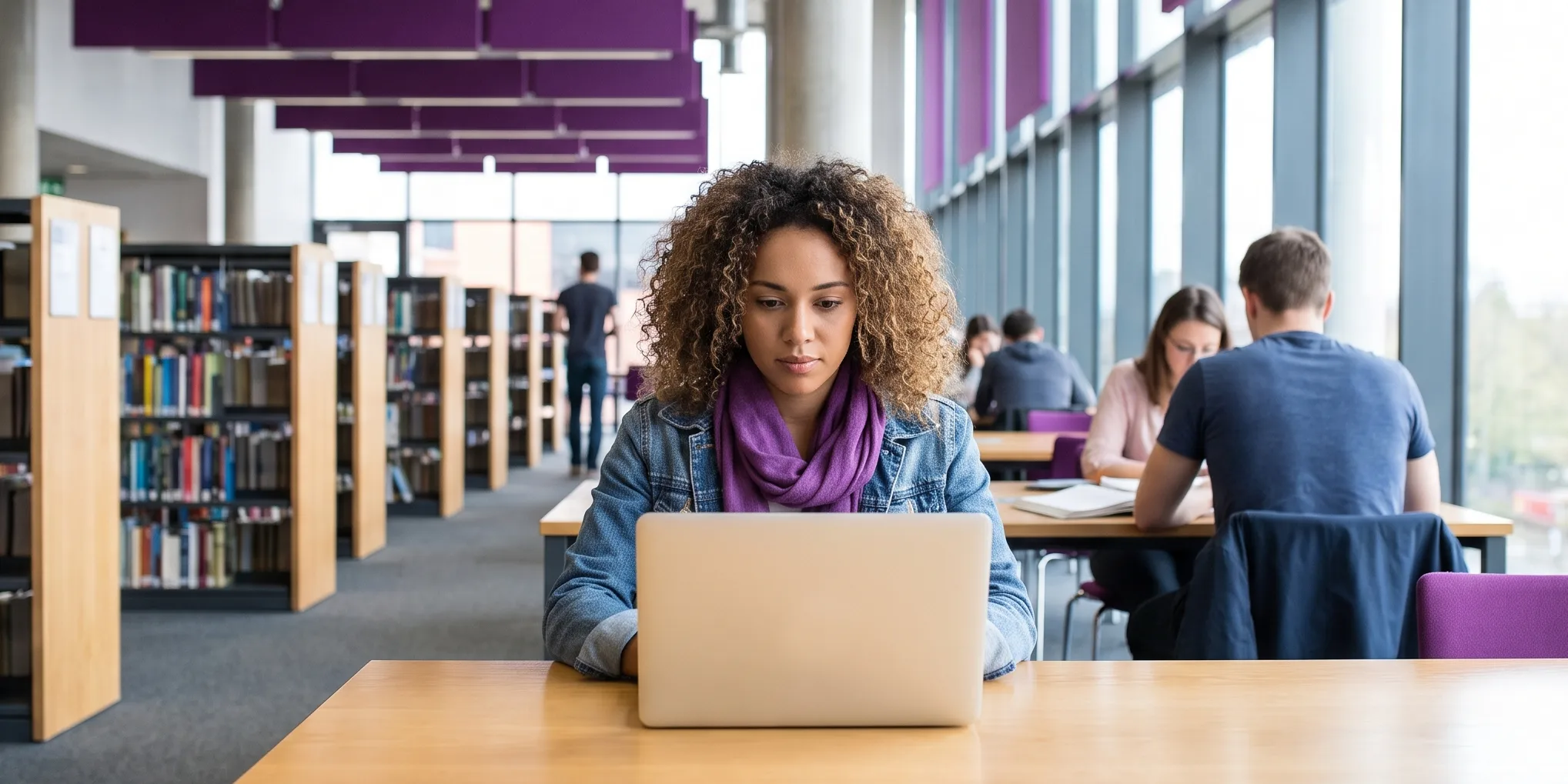 Student working on a laptop in a modern university library.