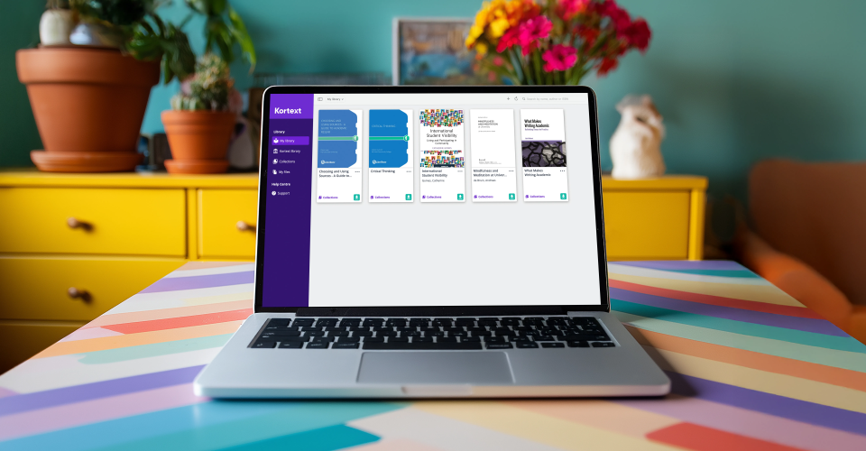 Image shows a laptop screen displaying five free-to-access eBooks from our freshers toolkit collection, curated from the KORC Open Access Collection.