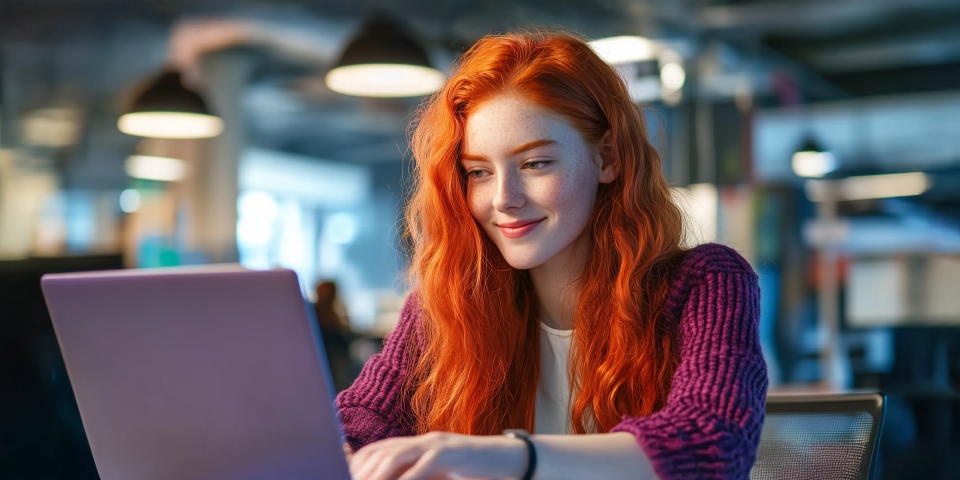 Image shows a smiling woman working at a laptop.