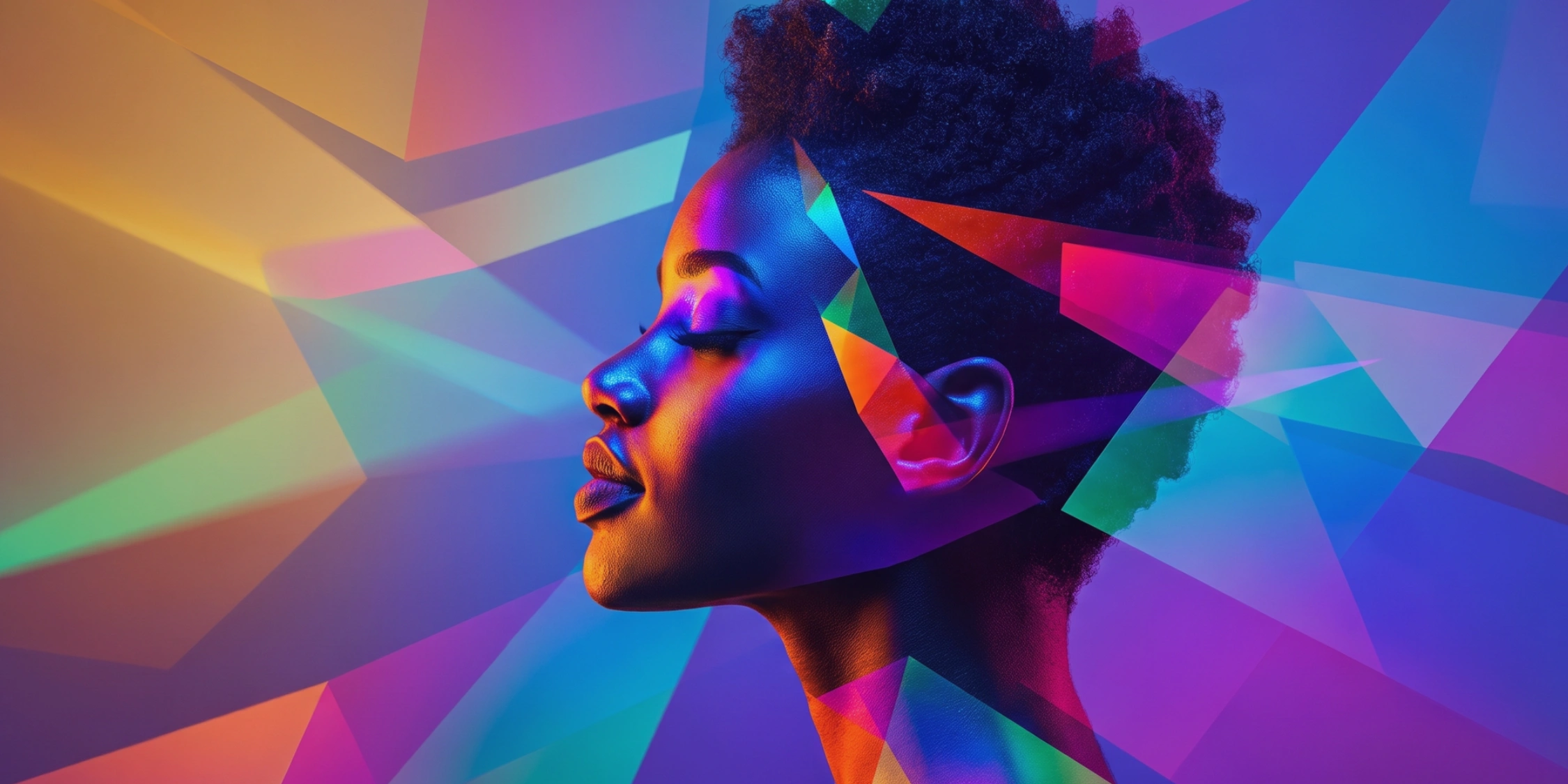 Side profile of a woman with eyes closed against a colourful geometric background