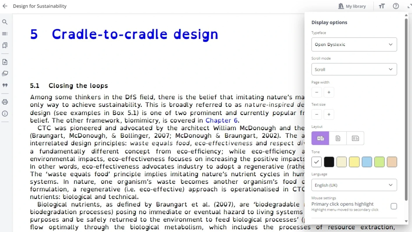 Kortext study accessibility features font styles.