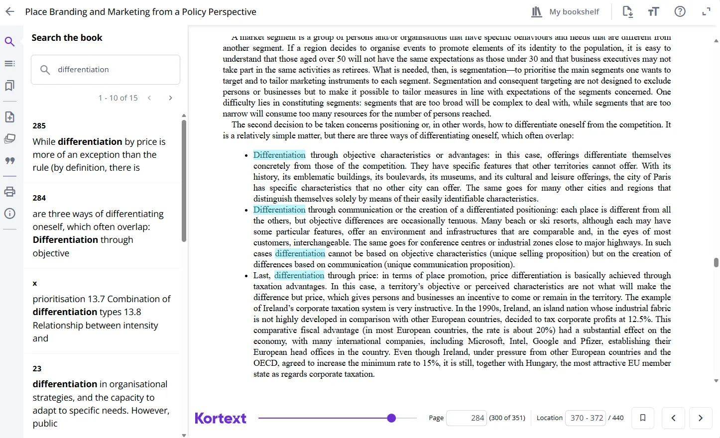 Search function in an eBook within the Kortext eReader.