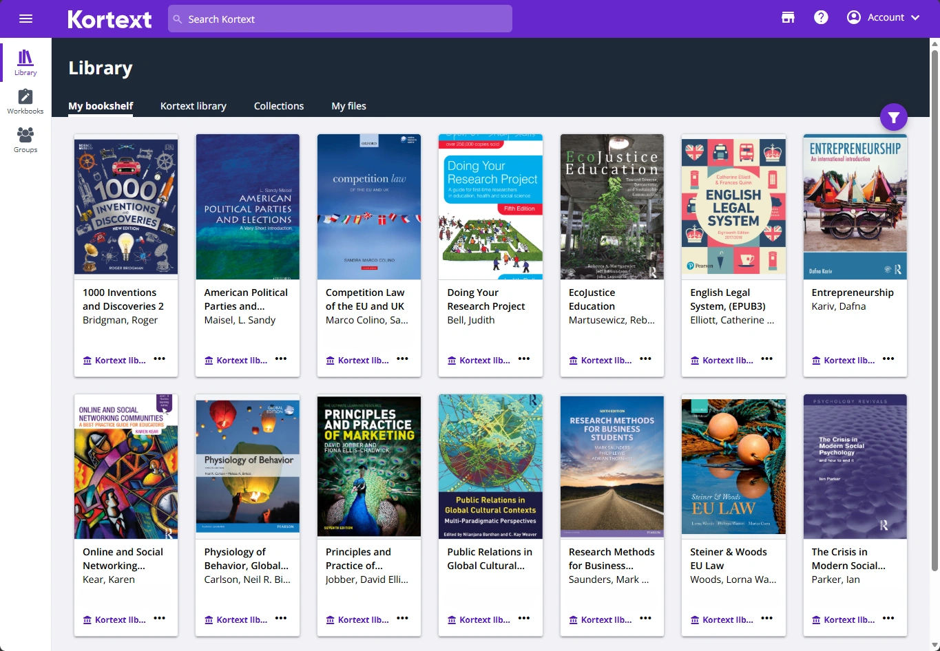 Image shows the Kortext study My bookshelf screen. The bookshelf contains two rows of book cover thumbnails.