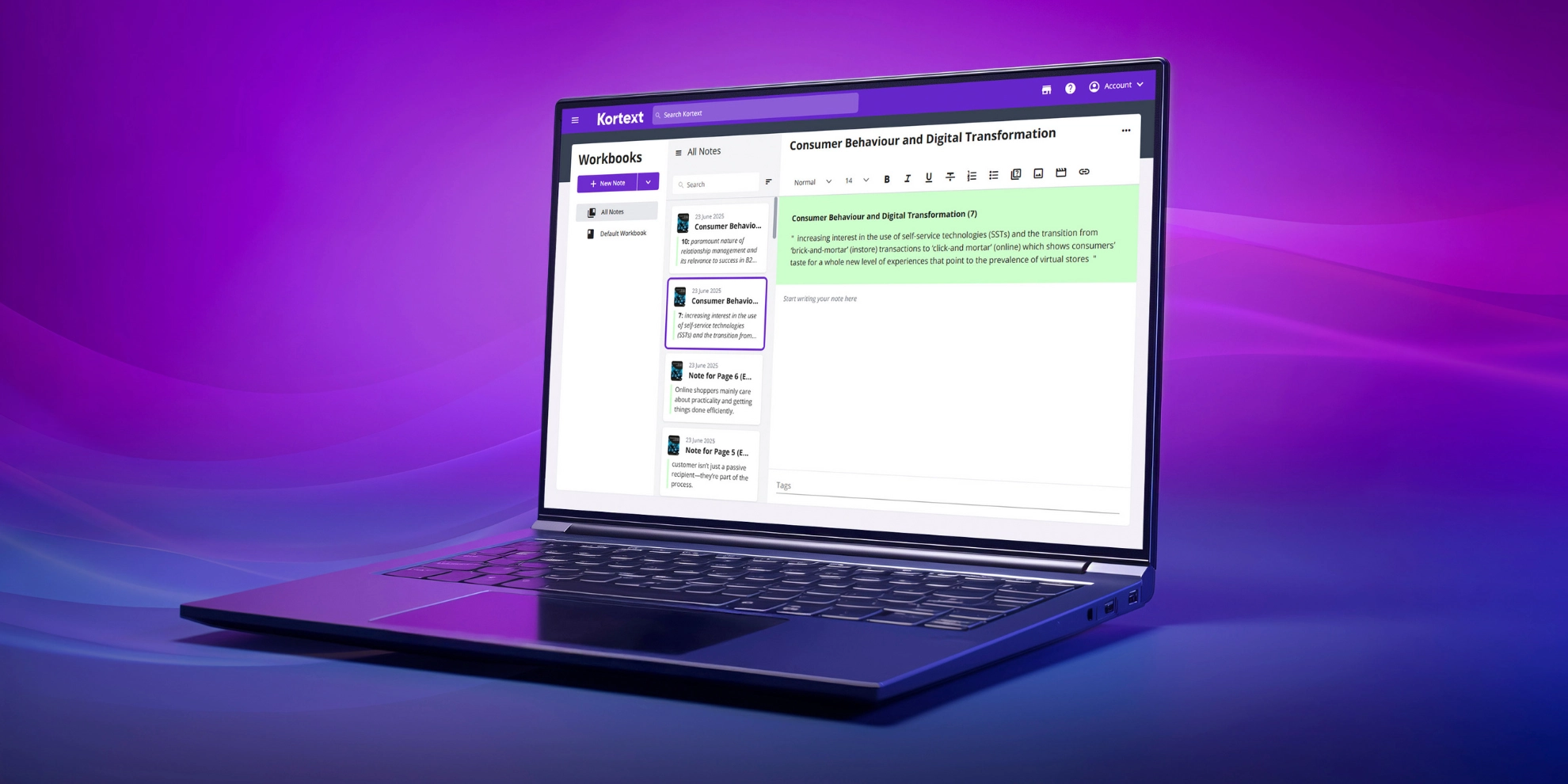 The Kortext study platform, showcasing the Workbooks feature.