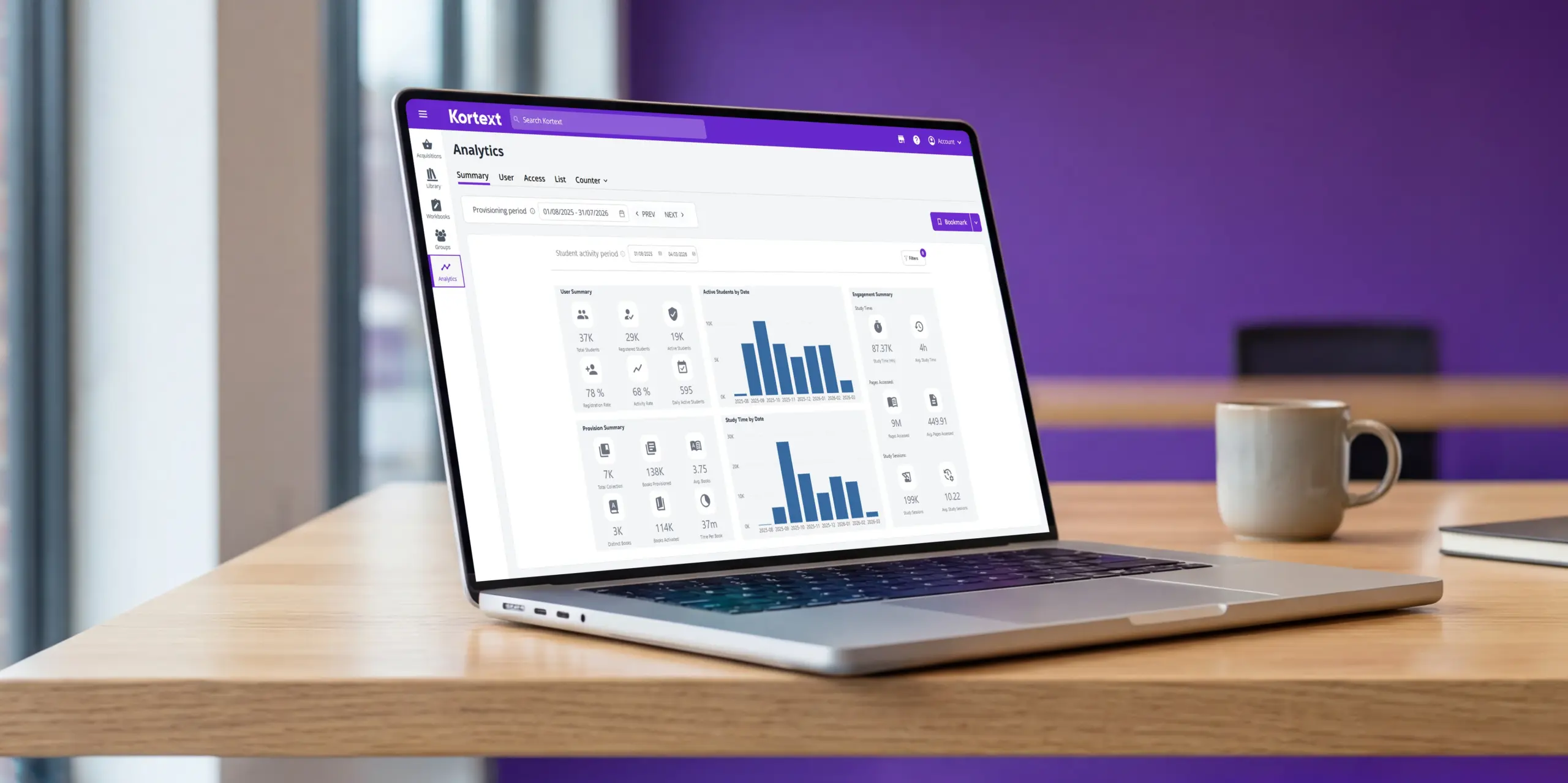 Kortext analytics dashboard displayed on a laptop, showing usage data and engagement charts